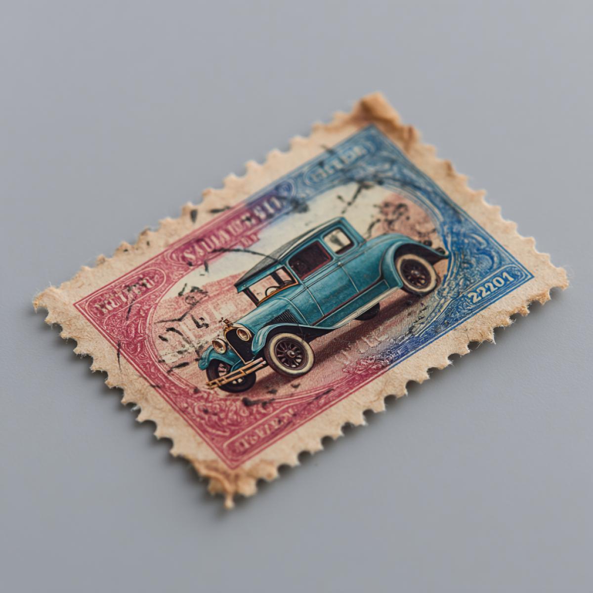 Postal brand is perforated. It has an image of an old car, car