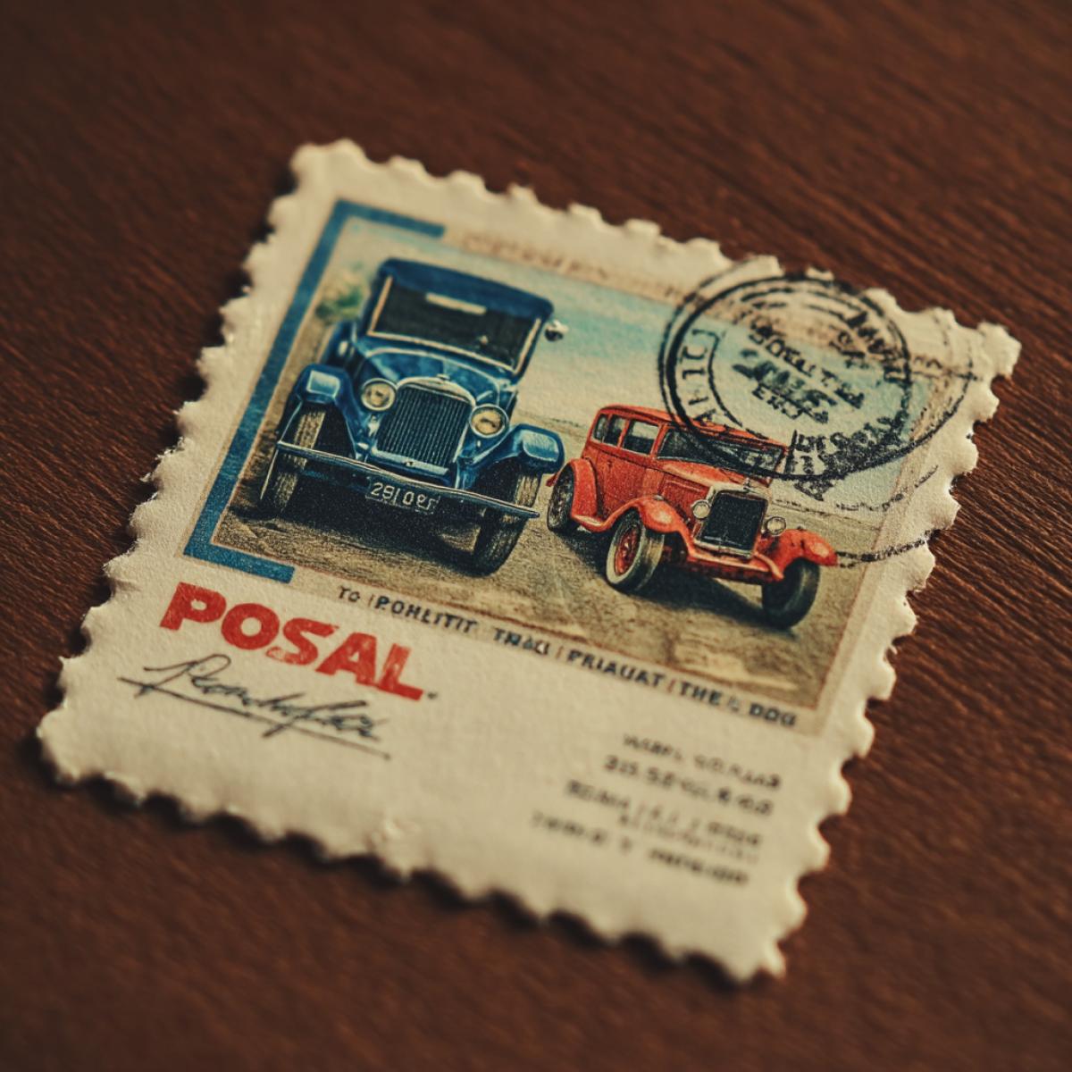 Postal brand is perforated. It has an image of an old car, car