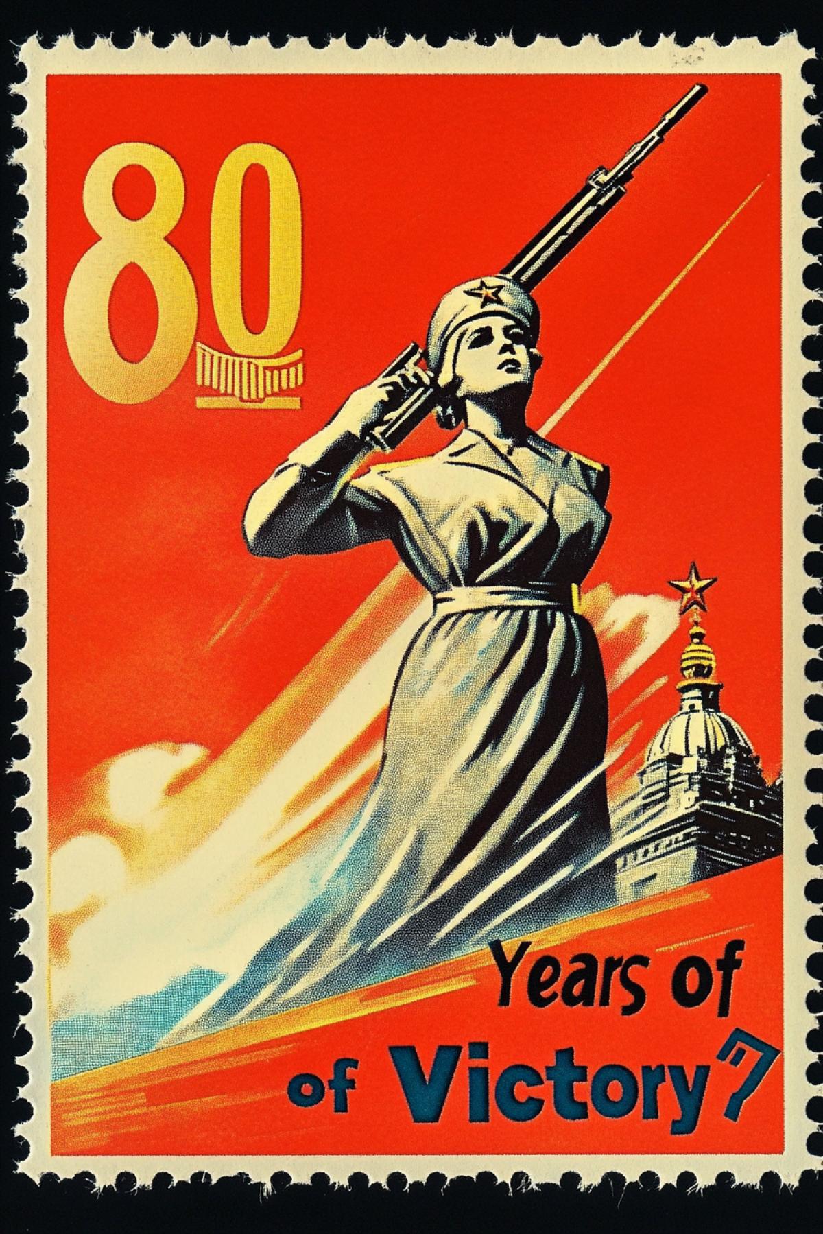 The postage stamp in a philatelists collection. A commemorative postage stamp for the anniversary of \"80 Years of Victory\" in the Great Patriotic War.
