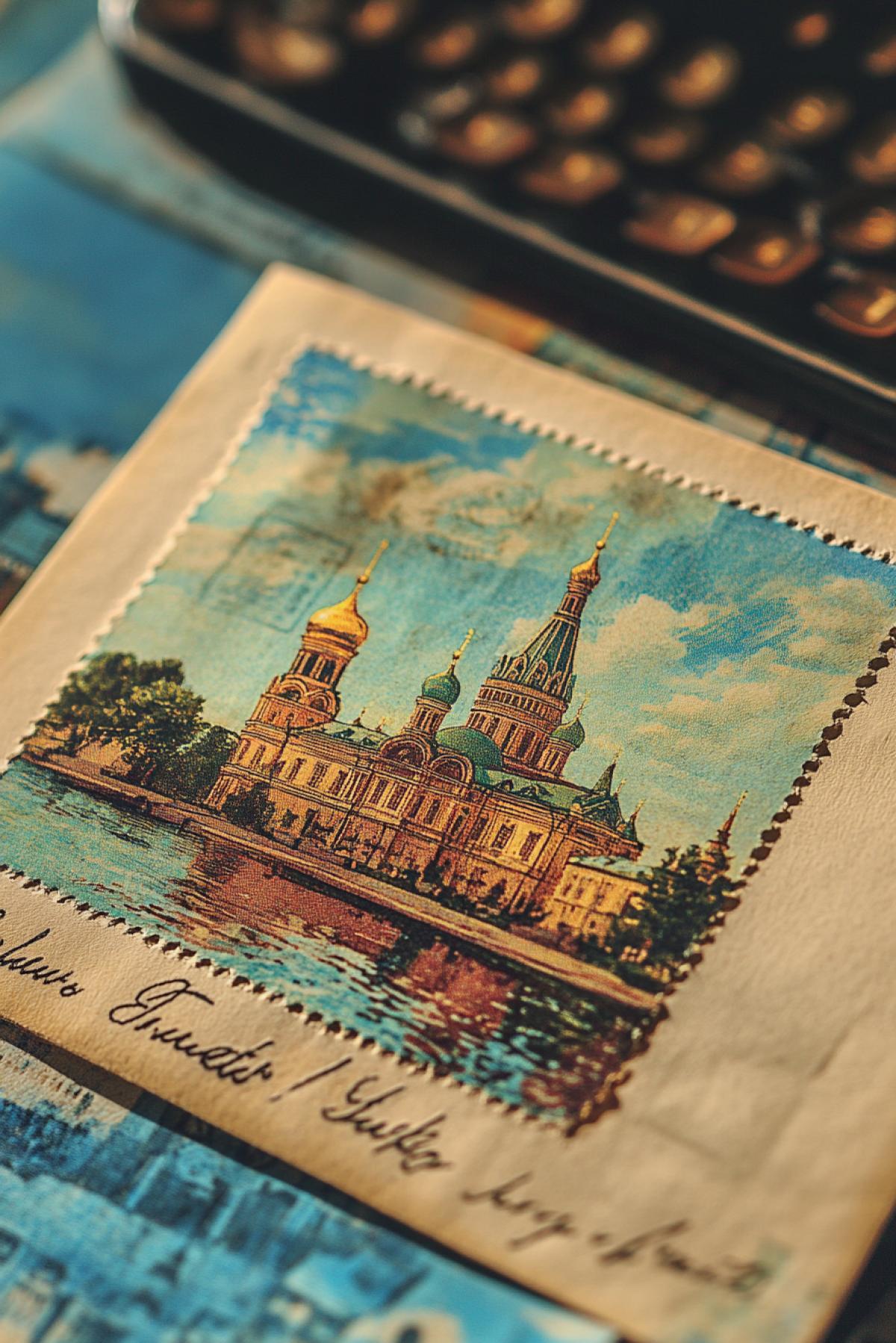 Image of St. Petersburg on a postage stamp on an envelope