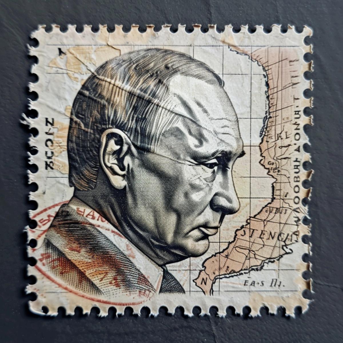 Postal brand perforated with the image of the profile of boss Vladimir P. russian leader, globe, numbers 2025