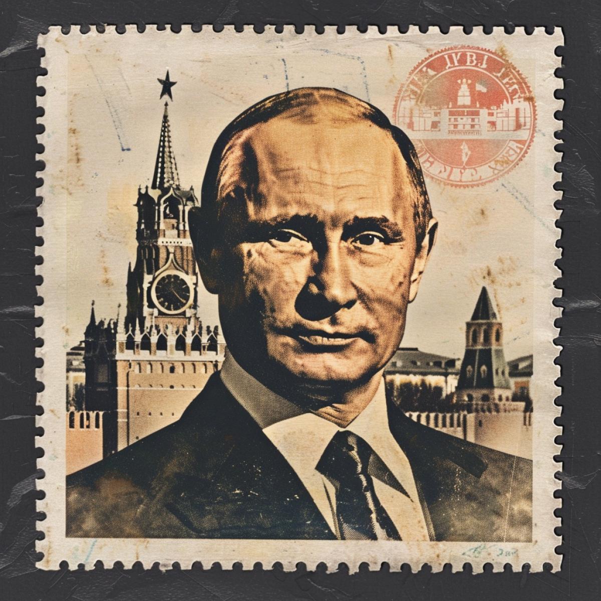Vladimir P. russian leaders profile image on a postage stamp on an envelope