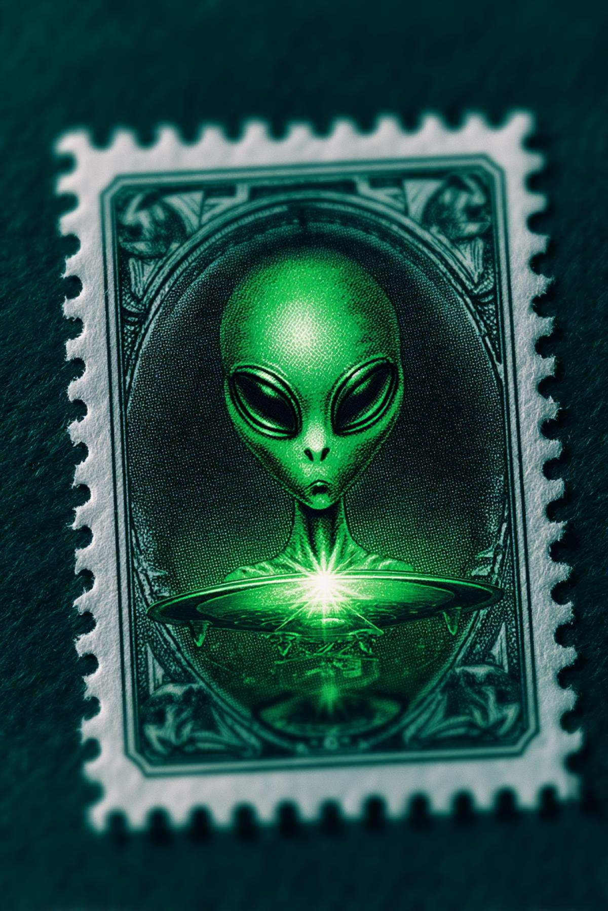 A postal stamp with a green alien with dark large almondshaped eyes, crystal cosmic star with backlight, ribbed edges, on an envelope