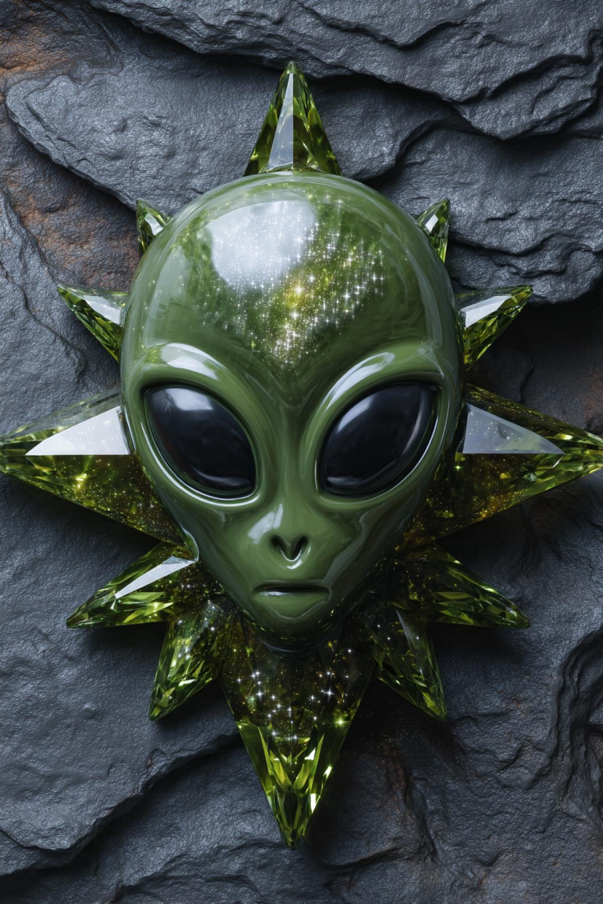 Mail brand with the image of a green alien with dark large almondshaped eyes, crystal cosmic star with backlight