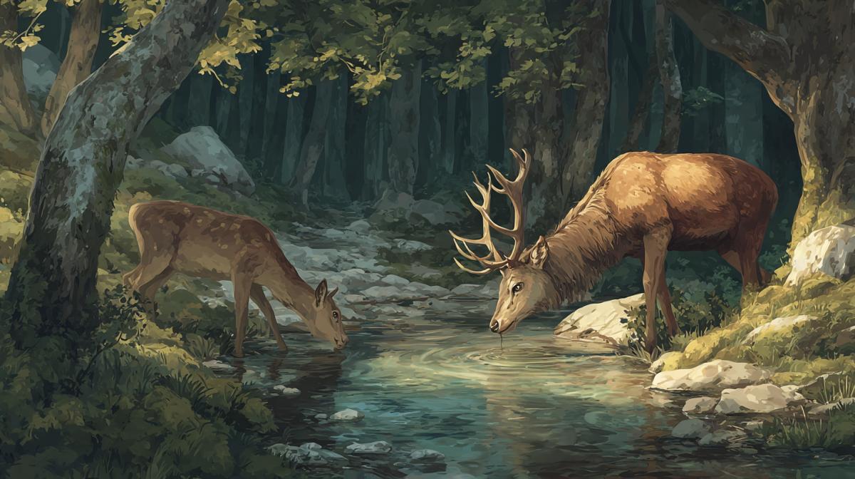 Leo and deer drink water from the forest stream, bed tones