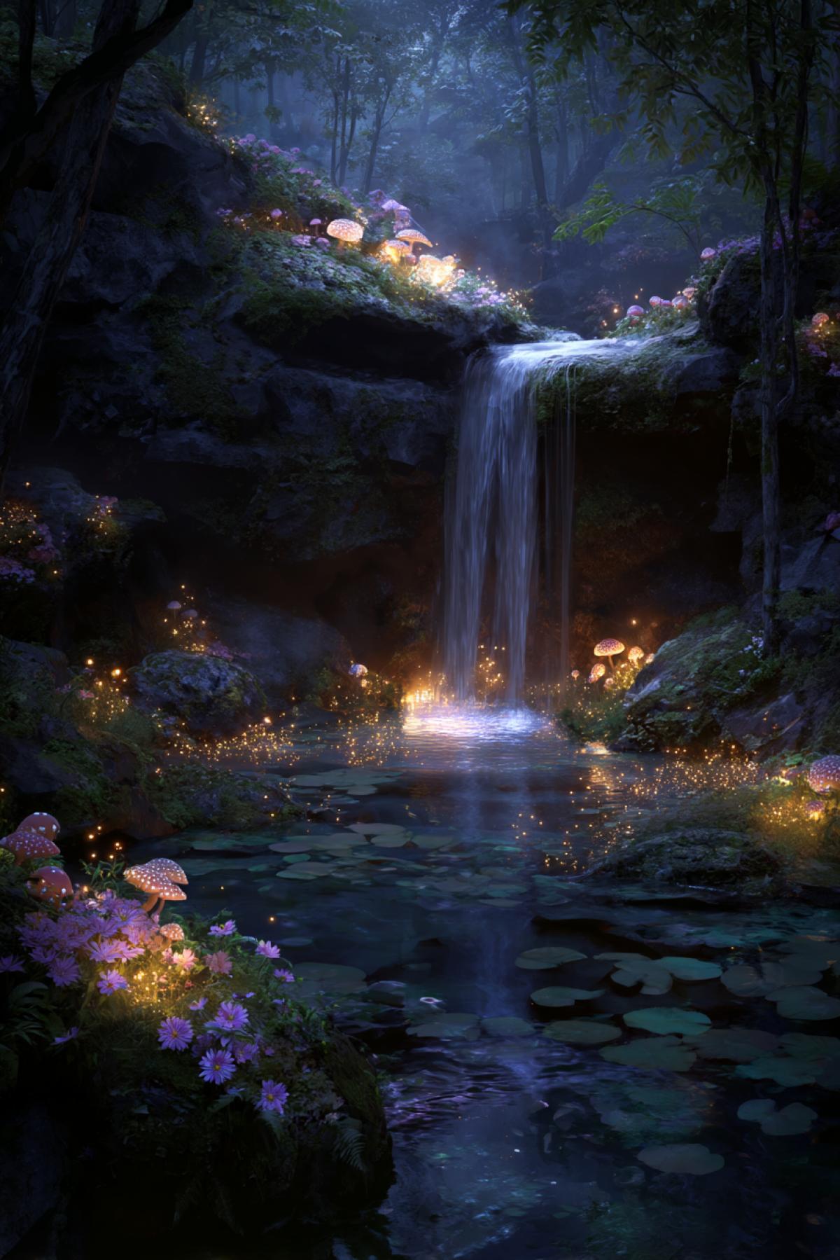 hidden waterfall feeding into a quiet woodland brook, surrounded by bioluminescent mushrooms and glowing plants, twilight light, enchanted forest vibe