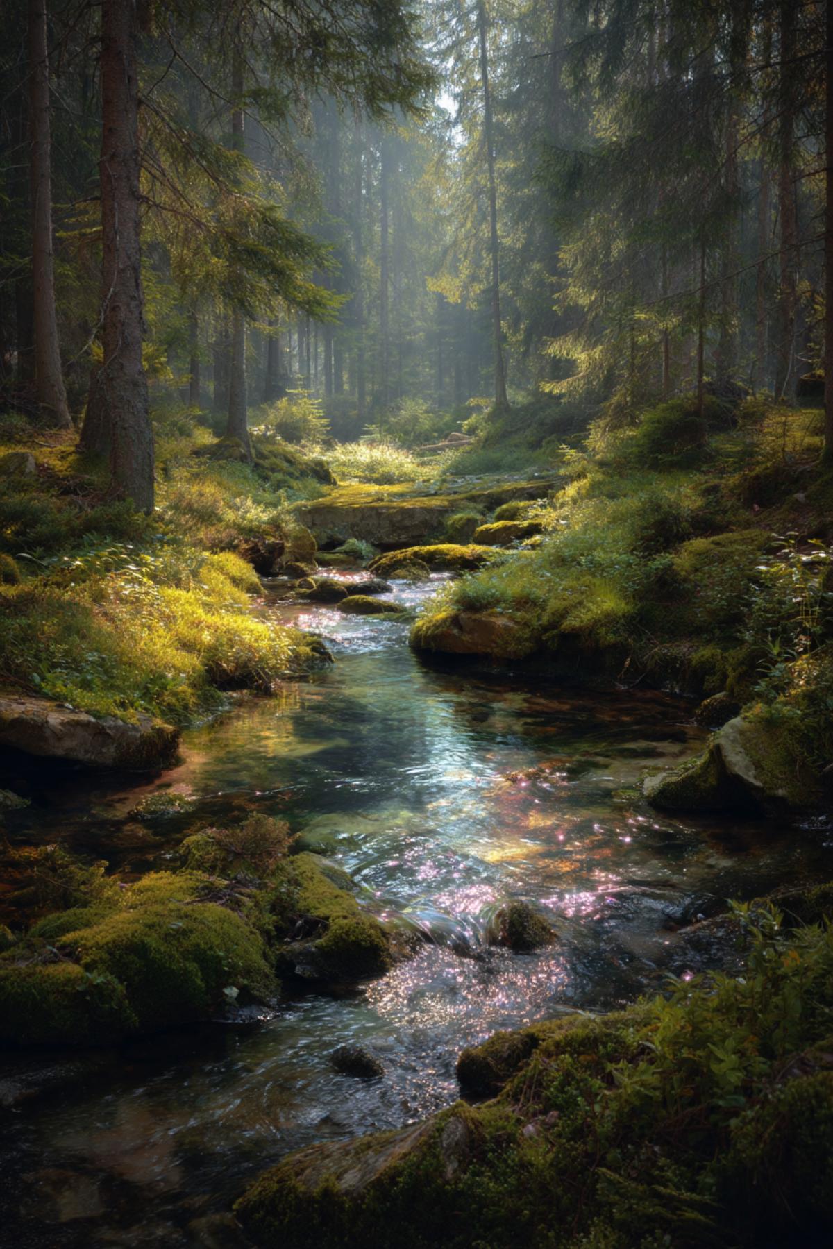 crystal-clear forest stream meandering through ancient moss-covered trees, golden hour light filtering through leaves, water sparkling like diamonds, serene magical atmosphere