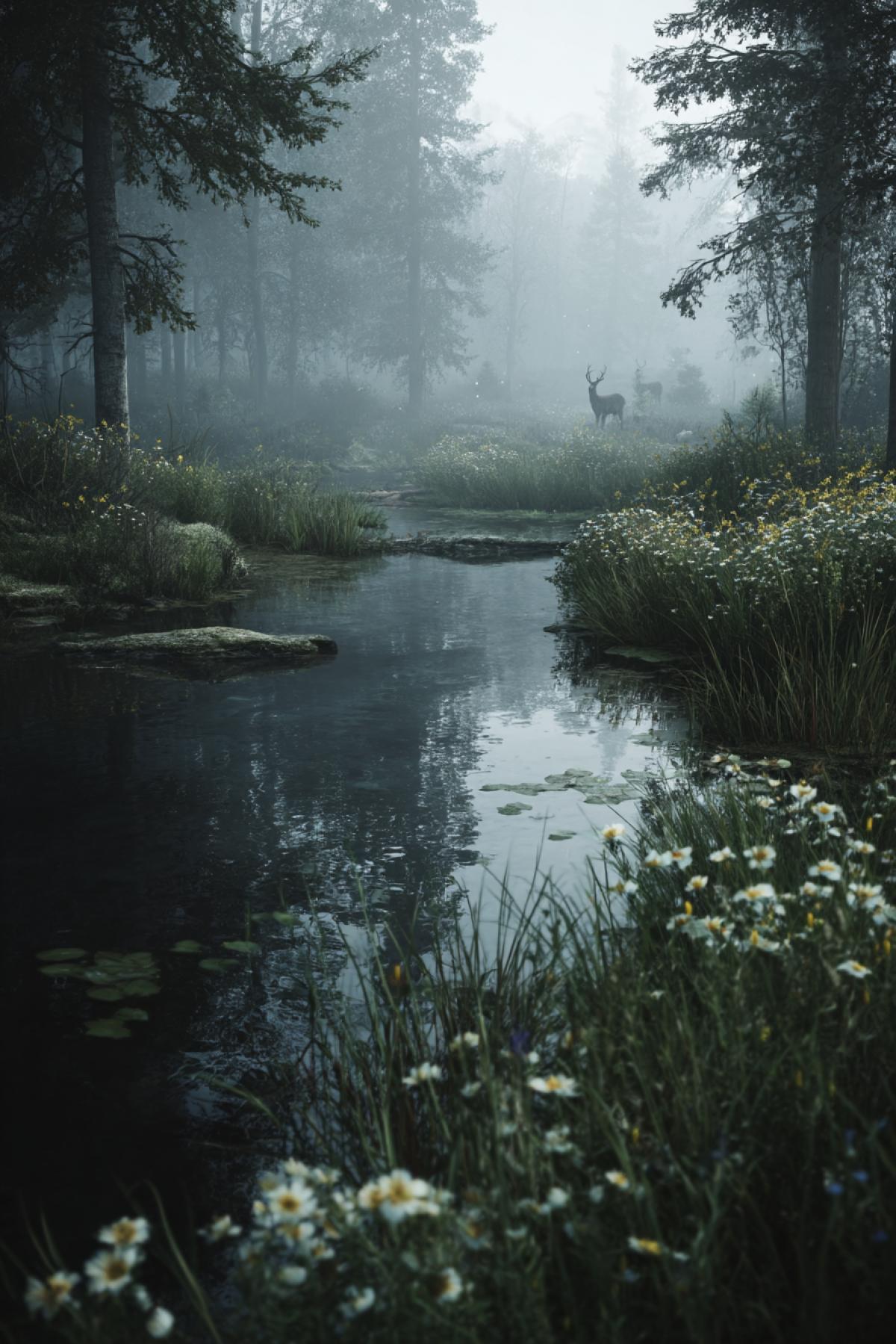 misty morning over a forest stream, light fog swirling above the surface, wildflowers along the bank, deer drinking in the distance, cinematic mood