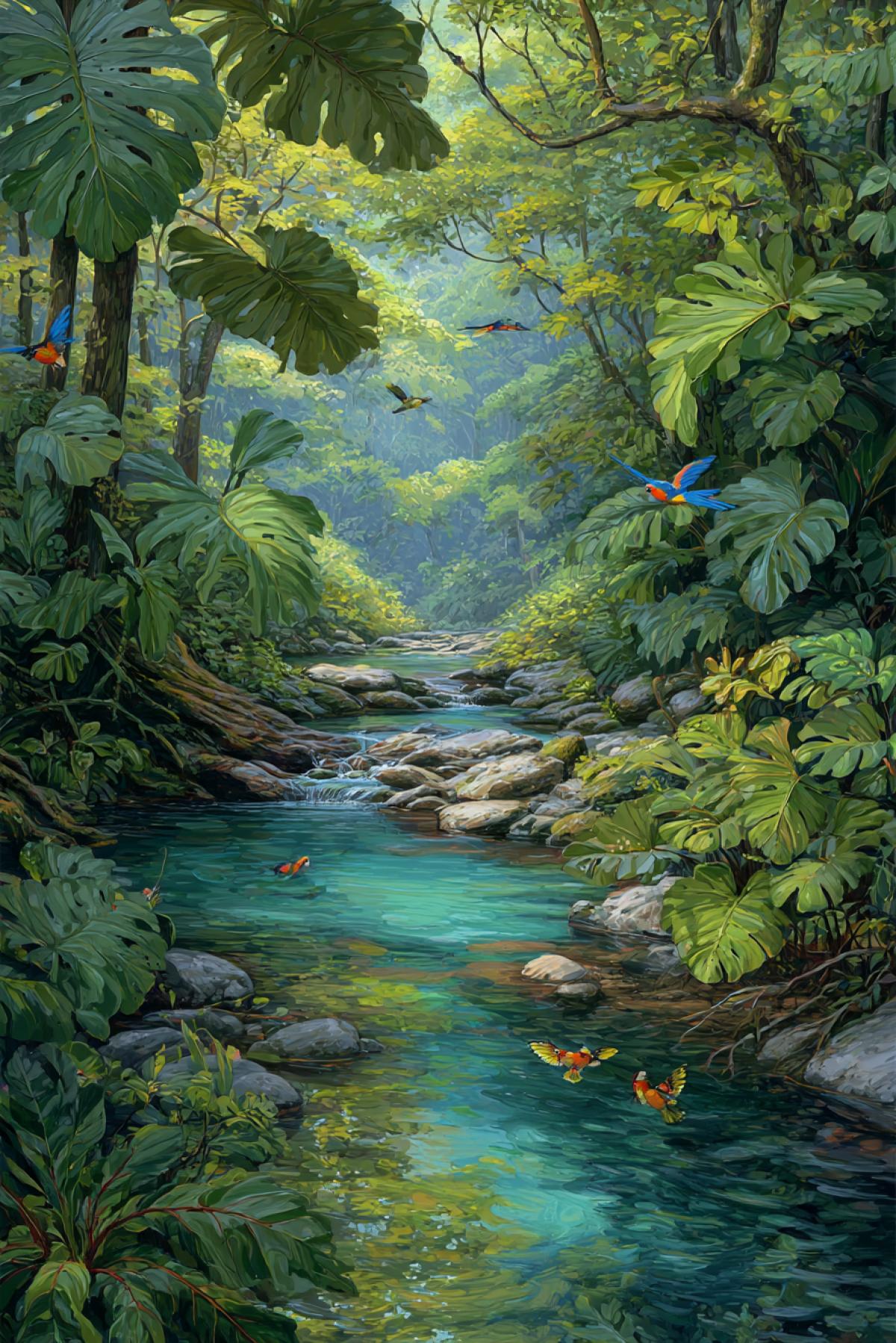 tropical rainforest stream under a canopy of big leaves, exotic birds flying above, vivid greens and blue reflections in the water, dreamlike lush setting