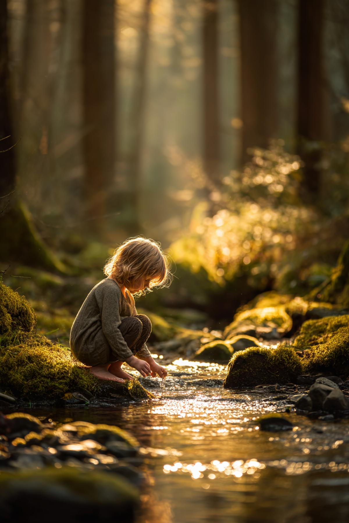 small child in simple clothes crouching by a sparkling forest stream, touching the water with awe, surrounded by golden sunlight, mossy rocks, and tall trees, atmosphere of wonder and innocence