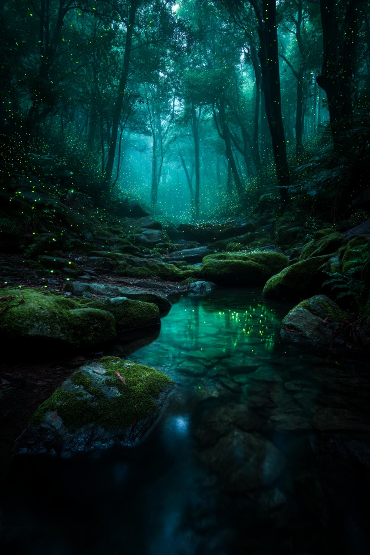 ancient forest stream illuminated by bioluminescent fungi and glowing fireflies, moss-covered stones, deep emerald hues, mist rising from the water, magical and untouched, cinematic mood