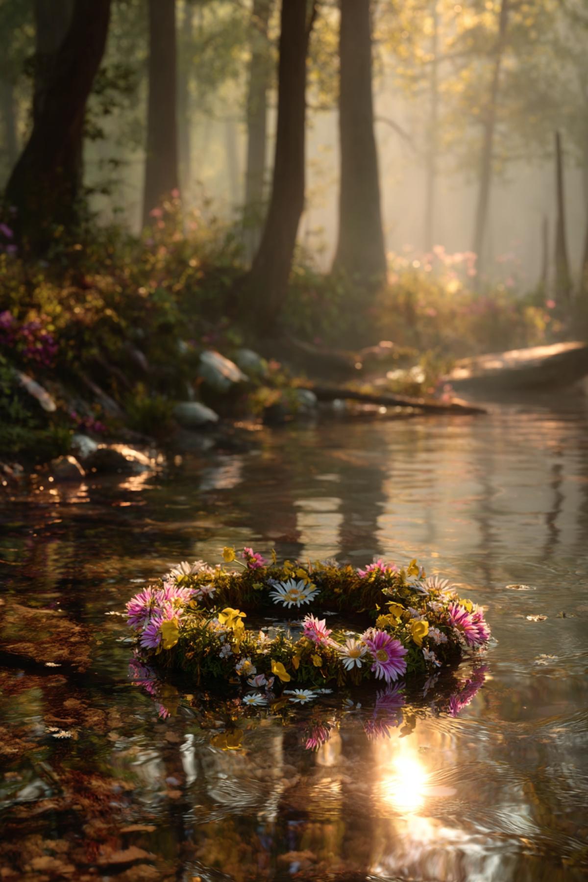 floating flower wreath drifting on a calm forest stream, early morning mist, golden light filtering through the trees, reflections on the water like a mirror, peaceful and cinematic atmosphere, hyper-detailed natural textures