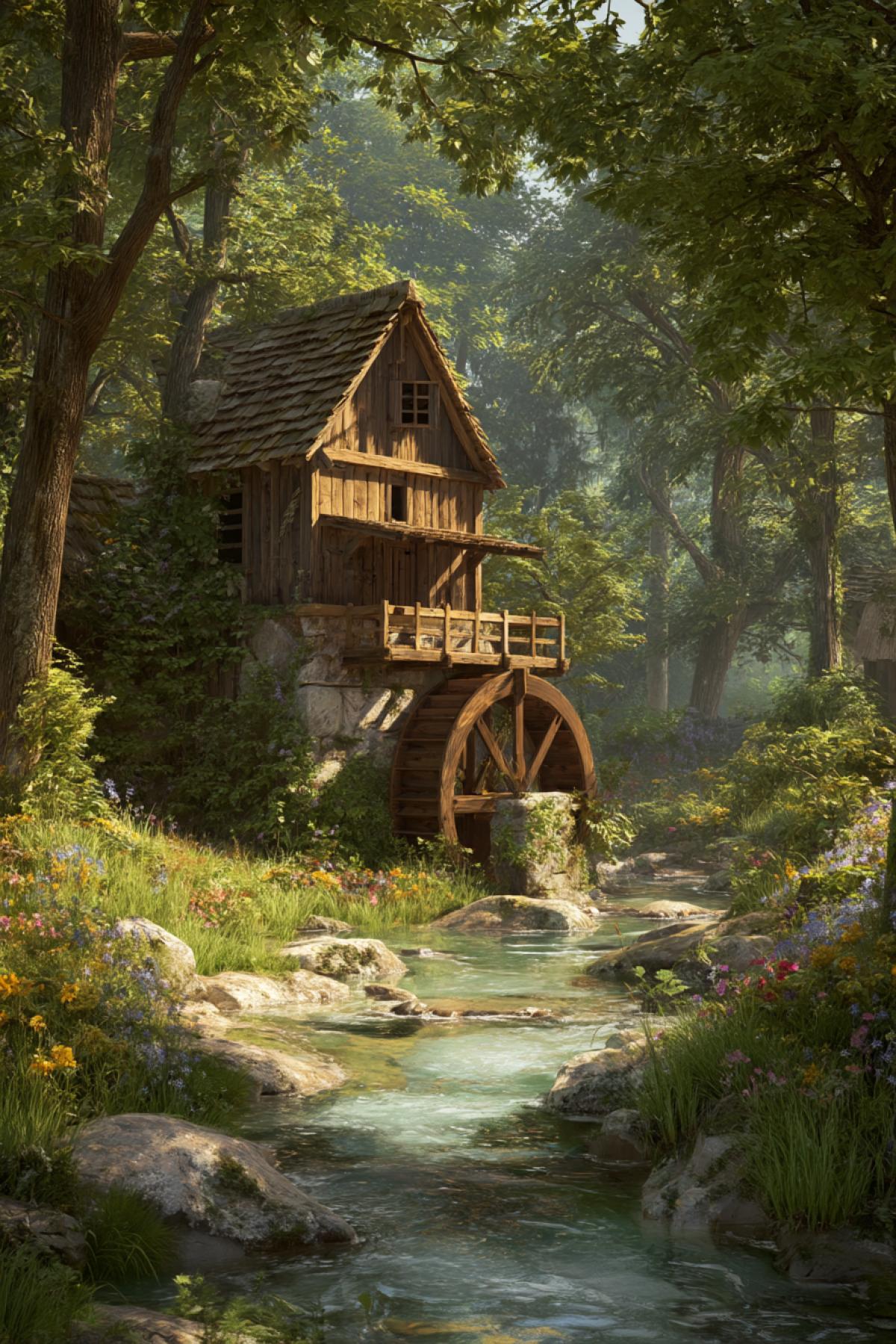 a picturesque wooden watermill by a clear forest stream, surrounded by sunlit green trees and wildflowers, water sparkling and flowing freely over the wheel, bright and warm summer day, golden sunlight filtering through the leaves, peaceful and idyllic, storybook realism