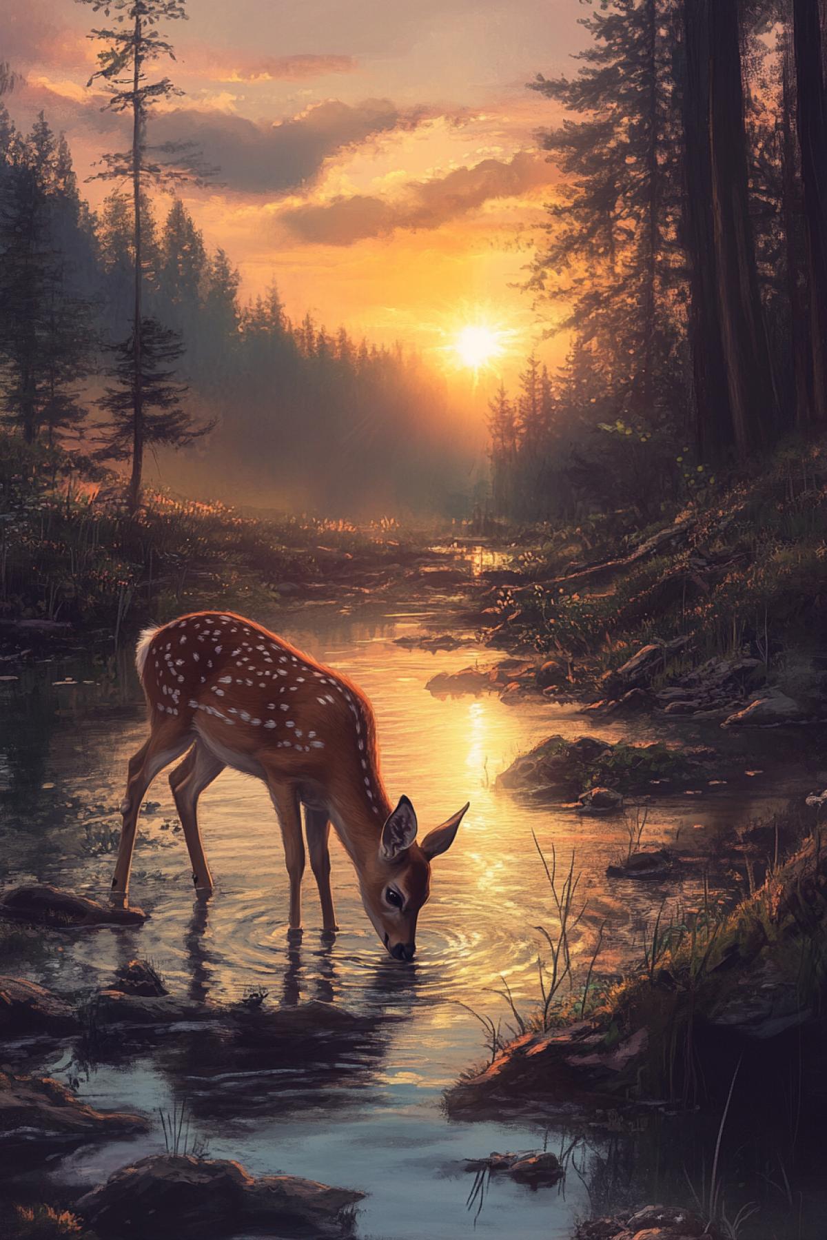 Mountain stream somewhere in the forest. The deer drinks water. Against the background of sunset