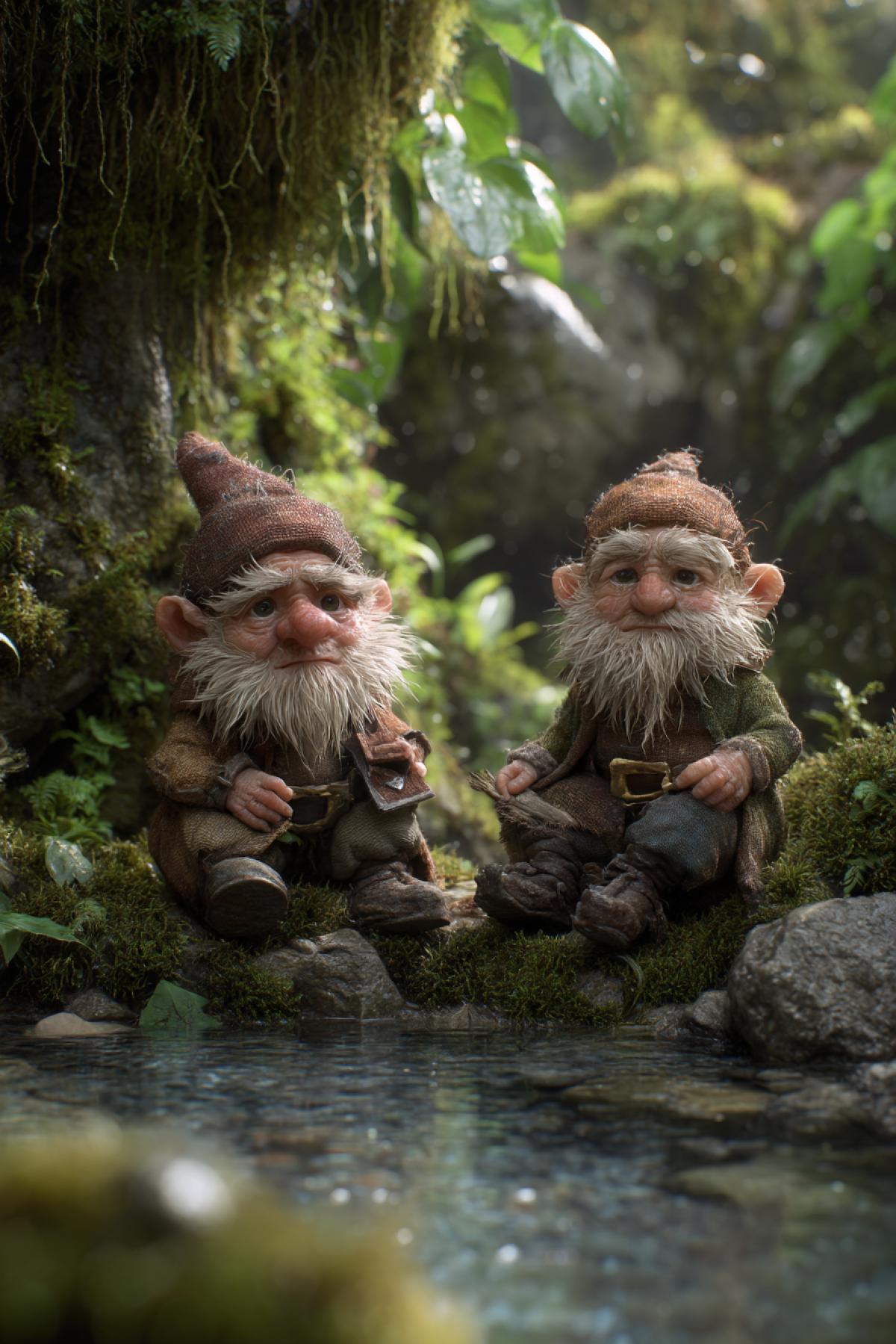 realistic forest gnomes resting near a crystal-clear woodland stream, detailed faces with emotion, natural proportions, wearing earthy clothes, sitting on rocks and moss, sunlight filtering through leaves, serene and magical atmosphere, no plastic or cartoon style, highly detailed and lifelike