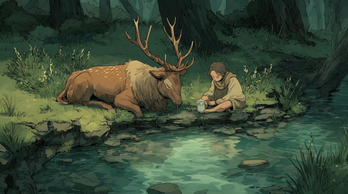 Leo and deer drink water from the forest stream, bed tones
