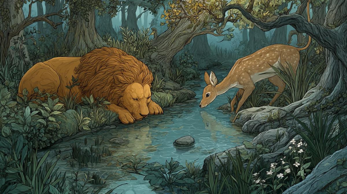 Leo and deer drink water from the forest stream, bed tones