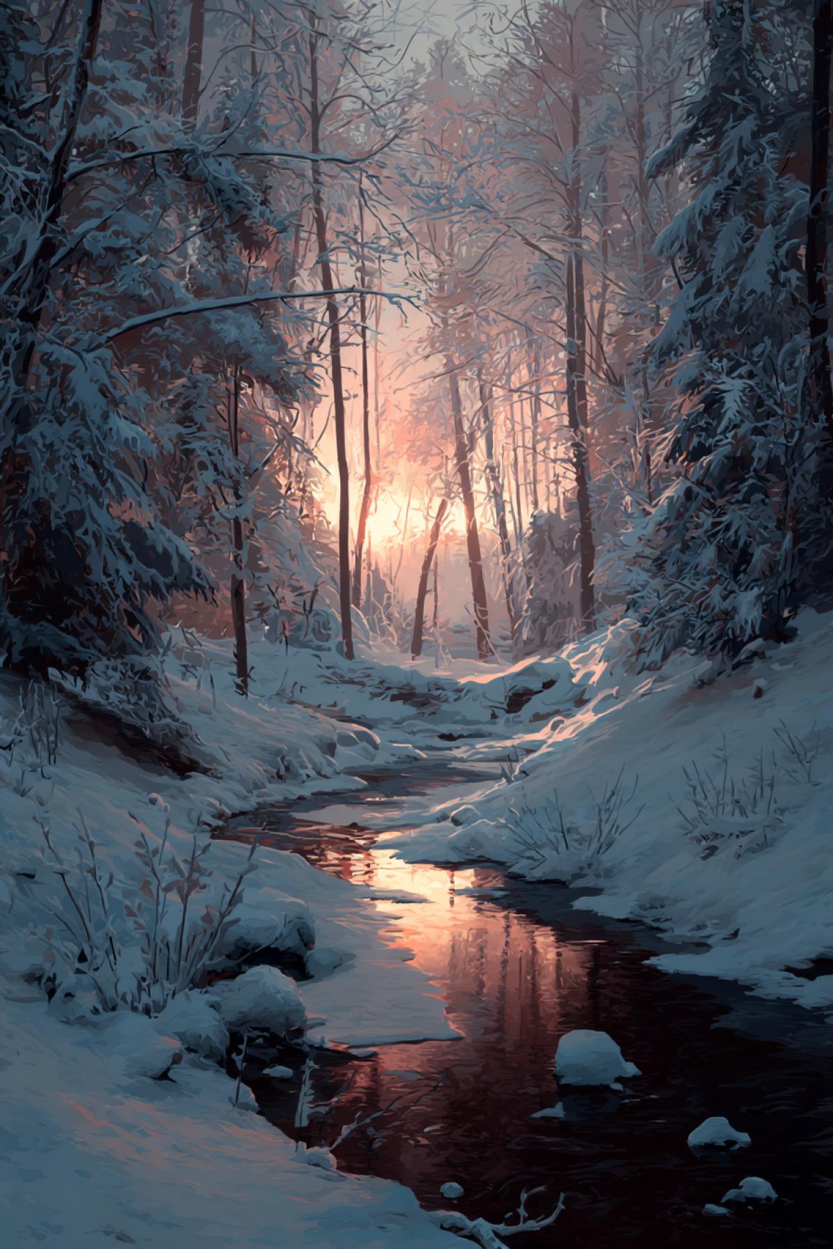 Sunset, forest small stream, snow, winter, silence, trees in the snow