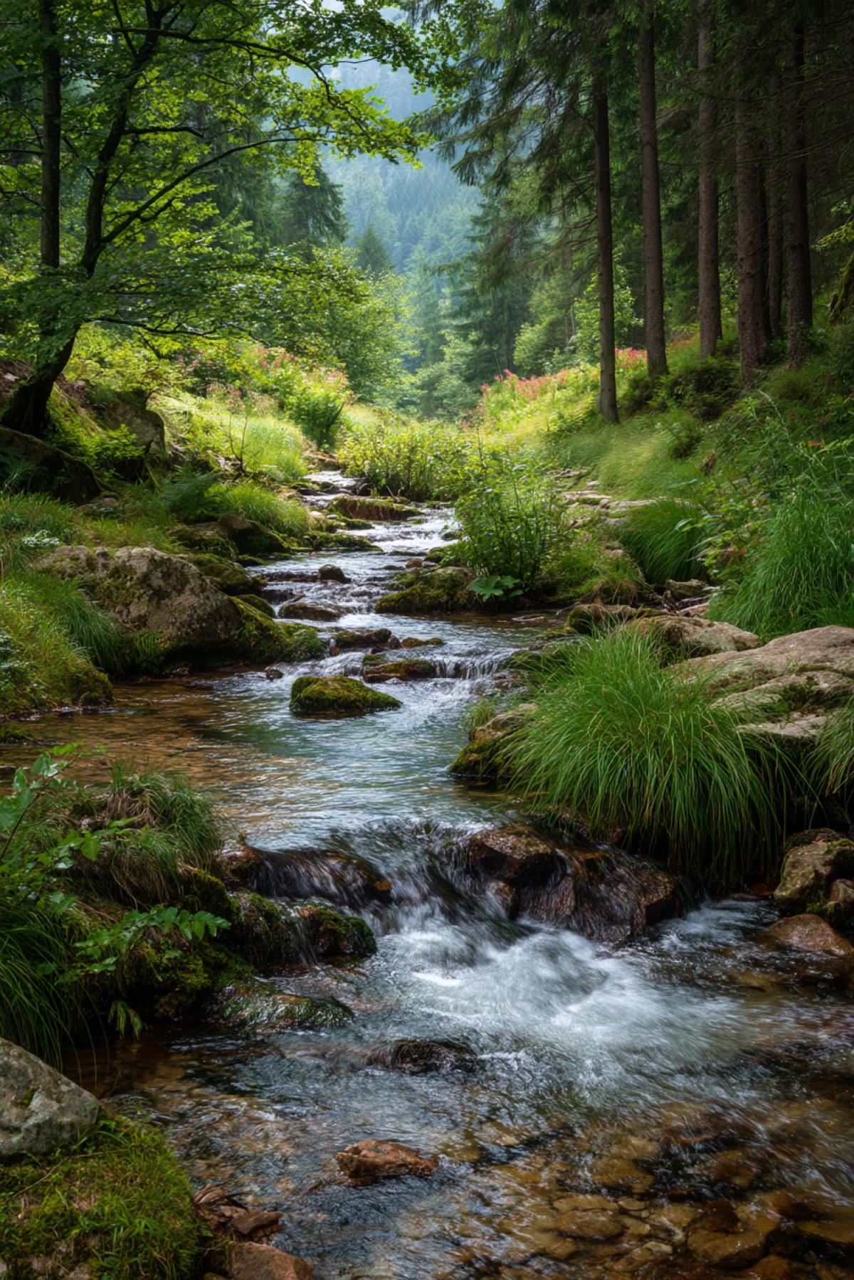 Wonderful stream flowing through the forest in which fish splashes