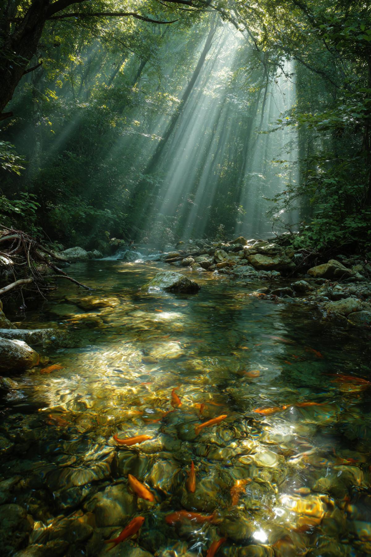 A wonderful stream flowing through the bug forest, the rays of the sun play in the waves of a stream in which the fish peeps