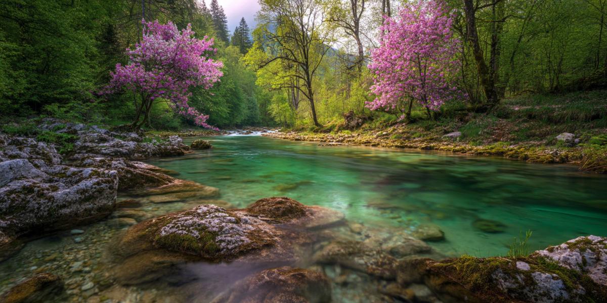 Cute river in the spring in the emerald world of miracles with many beautiful colors