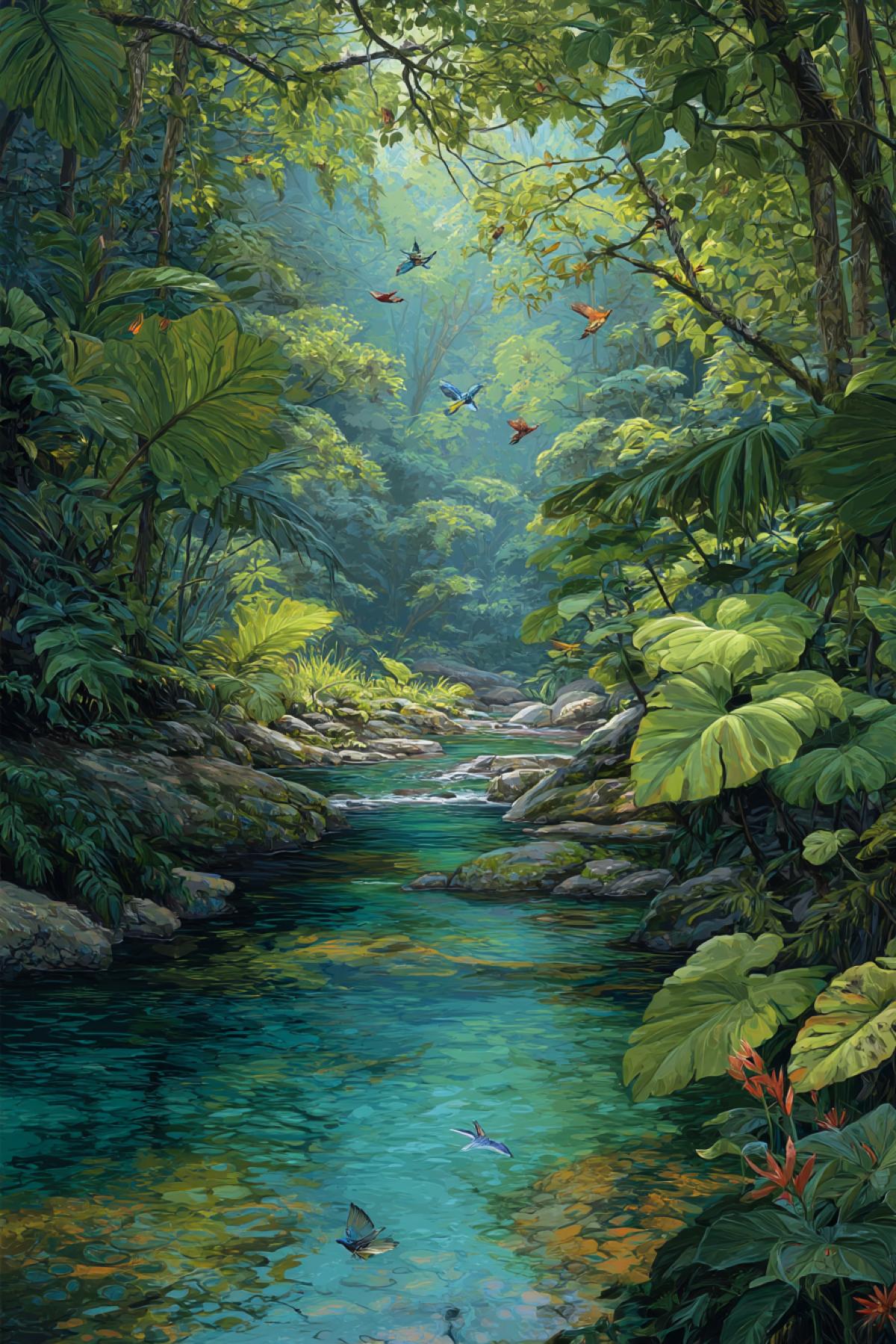 tropical rainforest stream under a canopy of big leaves, exotic birds flying above, vivid greens and blue reflections in the water, dreamlike lush setting
