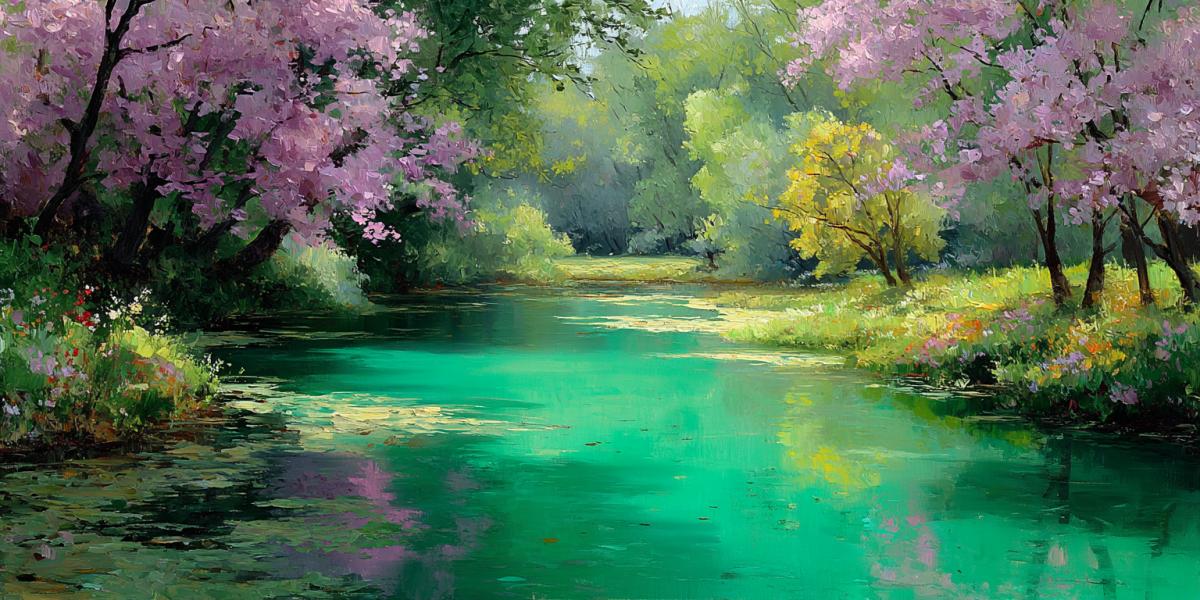 Cute river in the spring in the emerald world of miracles with many beautiful colors