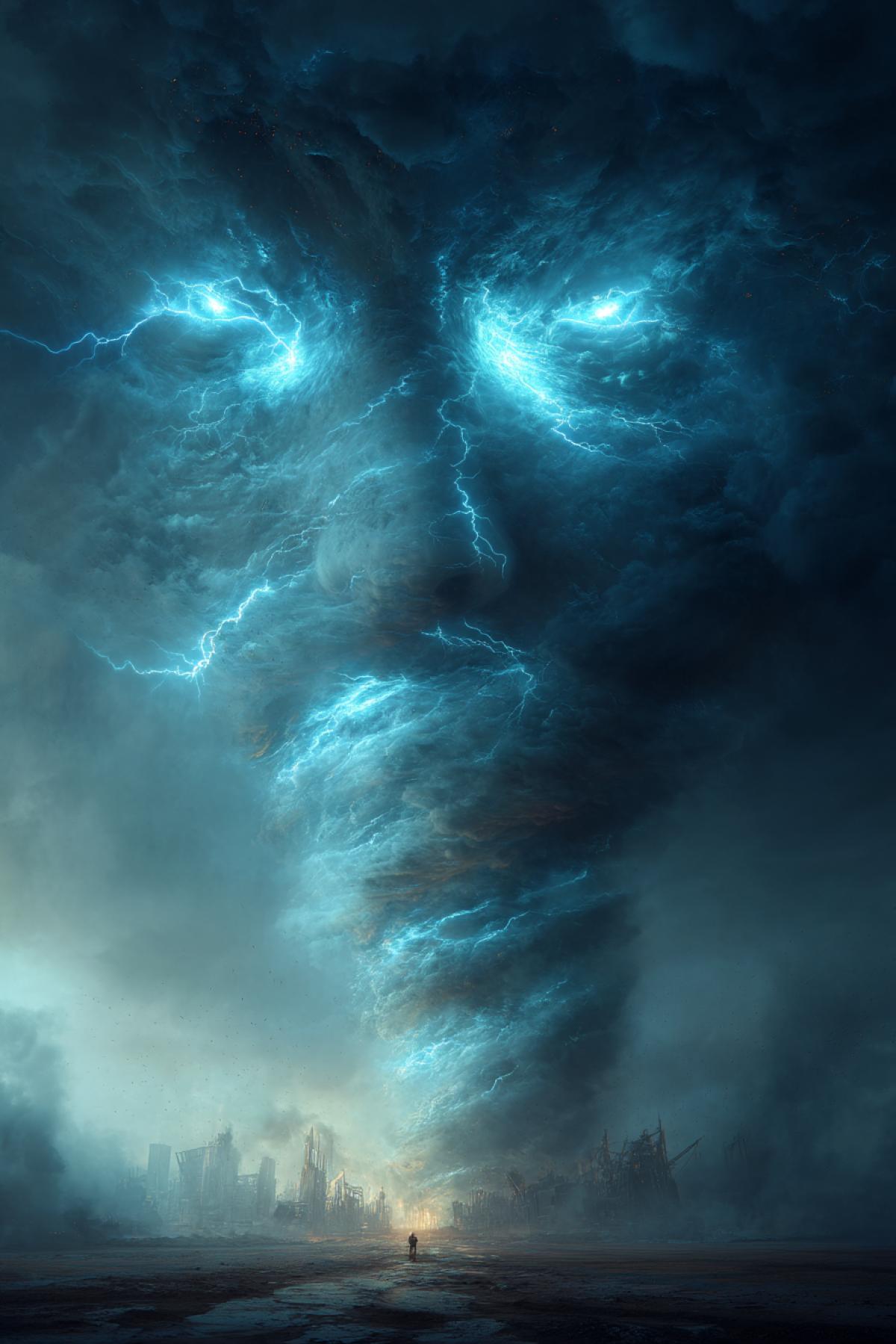 A colossal tornado with glowing blue lightning inside, swirling through a desolate post-apocalyptic landscape. The tornado has eyes and a face formed by the wind ancient and wise, watching humanity’s ruins. Hyper-detailed volumetric fog, dramatic cinematic lighting, sci-fi concept art style
