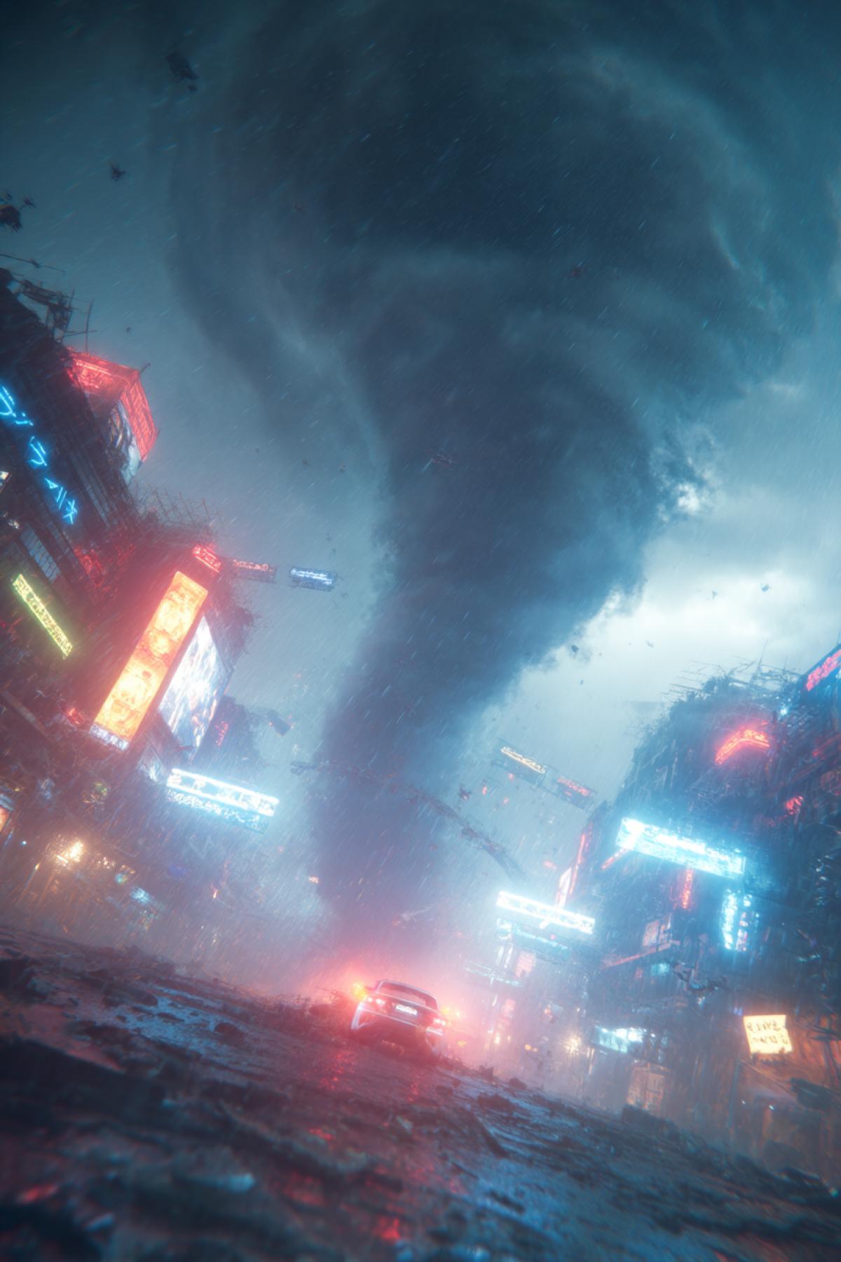 Cyberpunk tornado destroying a neon-lit futuristic city. Flying cars sucked into the vortex, holographic billboards flickering in the storm, rain illuminated by red and blue lights. Ultra high detail, dystopian sci-fi style, Unreal Engine render.