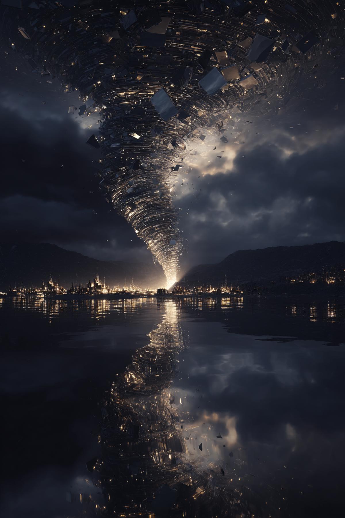 A tornado sculpted from glass shards and mirrors, spinning above a dark lake under starless night sky. Reflections show broken memories and forgotten places. Surrealism, dark fantasy, hyper-detailed textures, mood-driven lighting.