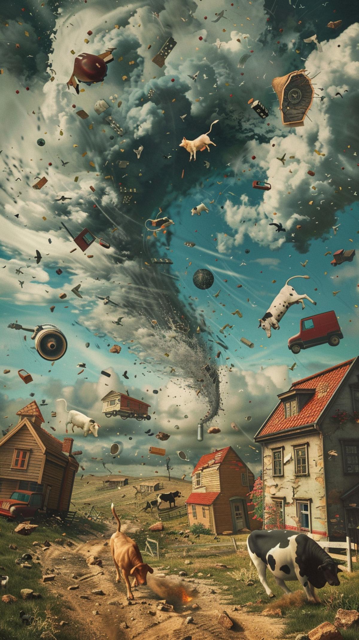 In the air, houses, cars, people, dogs, cows fly in a whirlwind in a funnel. Disaster, Apocalypse, Tornado. Surrealism