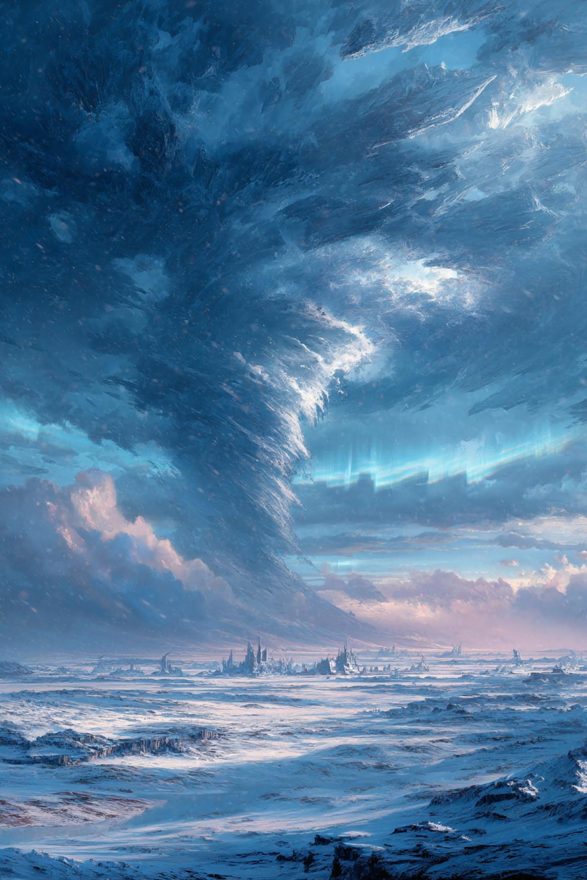 A frozen tornado made of ice shards and blizzard winds rising above an endless Arctic tundra. Aurora borealis dances in the background, ancient ruins buried beneath the snow swirls. Ultra-realistic, cold color palette, epic scale, National Geographic meets fantasy