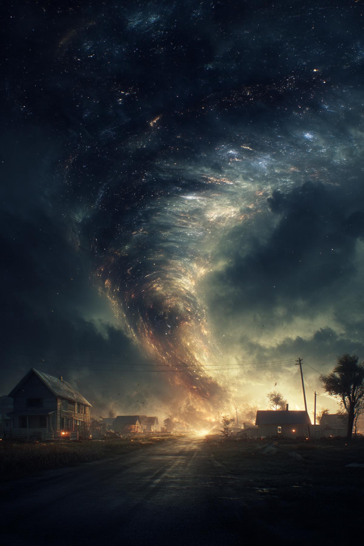 A massive tornado shaped like a dark hole vortex, swirling with galaxies and cosmic dust above a quiet rural town at night. The storm pulls in trees, barns and stars alike. Surreal blend of nature and space, hyper-detailed volumetric lighting, cinematic sci-fi concept art style