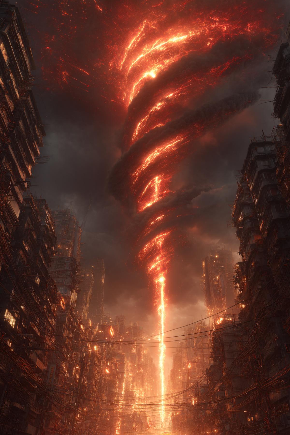 A flaming tornado made of molten steel, burning skyscrapers and volcanic ash rising from the crater of a dead city. The wind carries glowing embers and twisted metal beams like arrows. Industrial apocalypse, ultra-realistic textures, HDR lighting, environmental disaster.