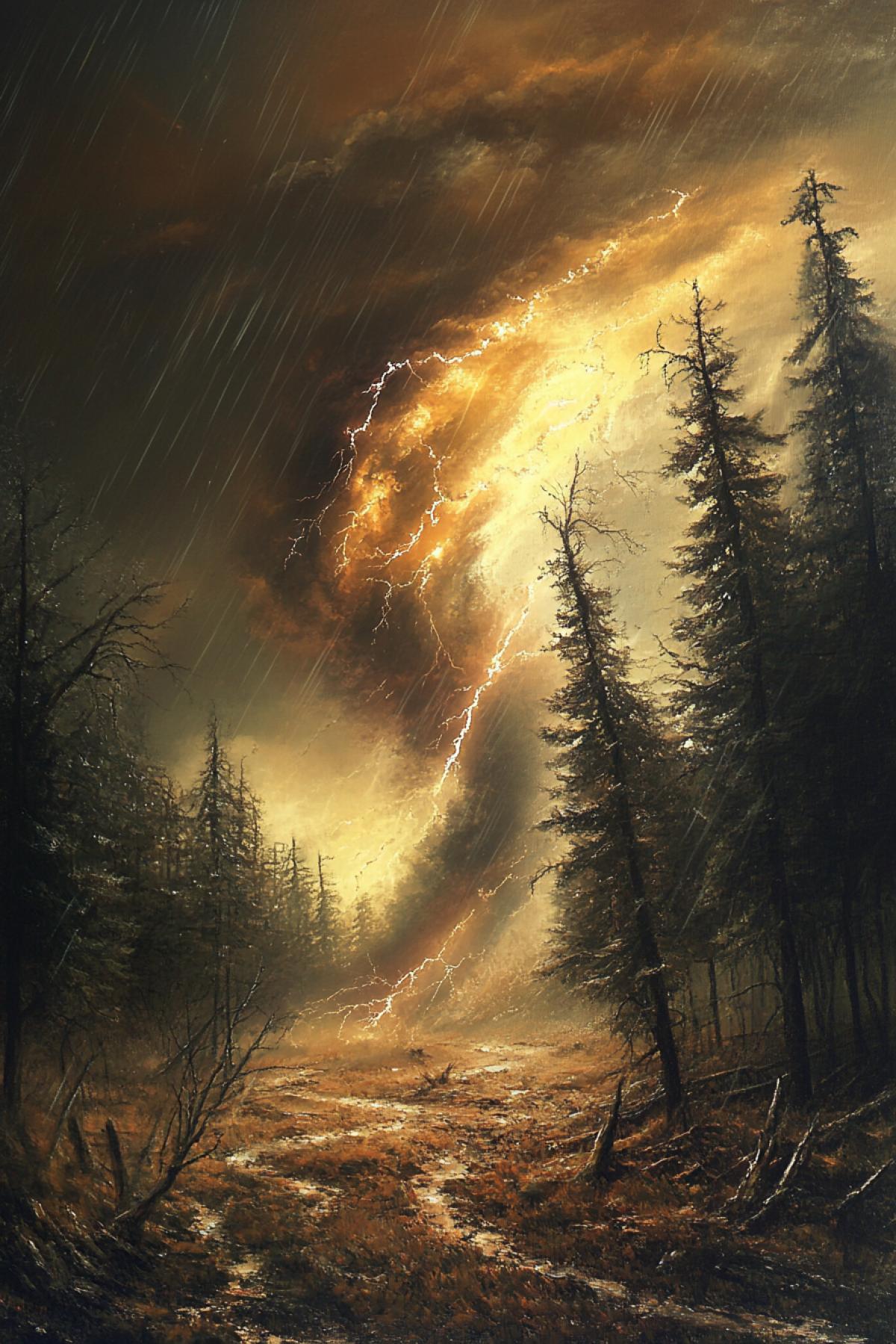 Tornado suitable for the forest, it rains and lightning around. They take off at home up. Style Realism