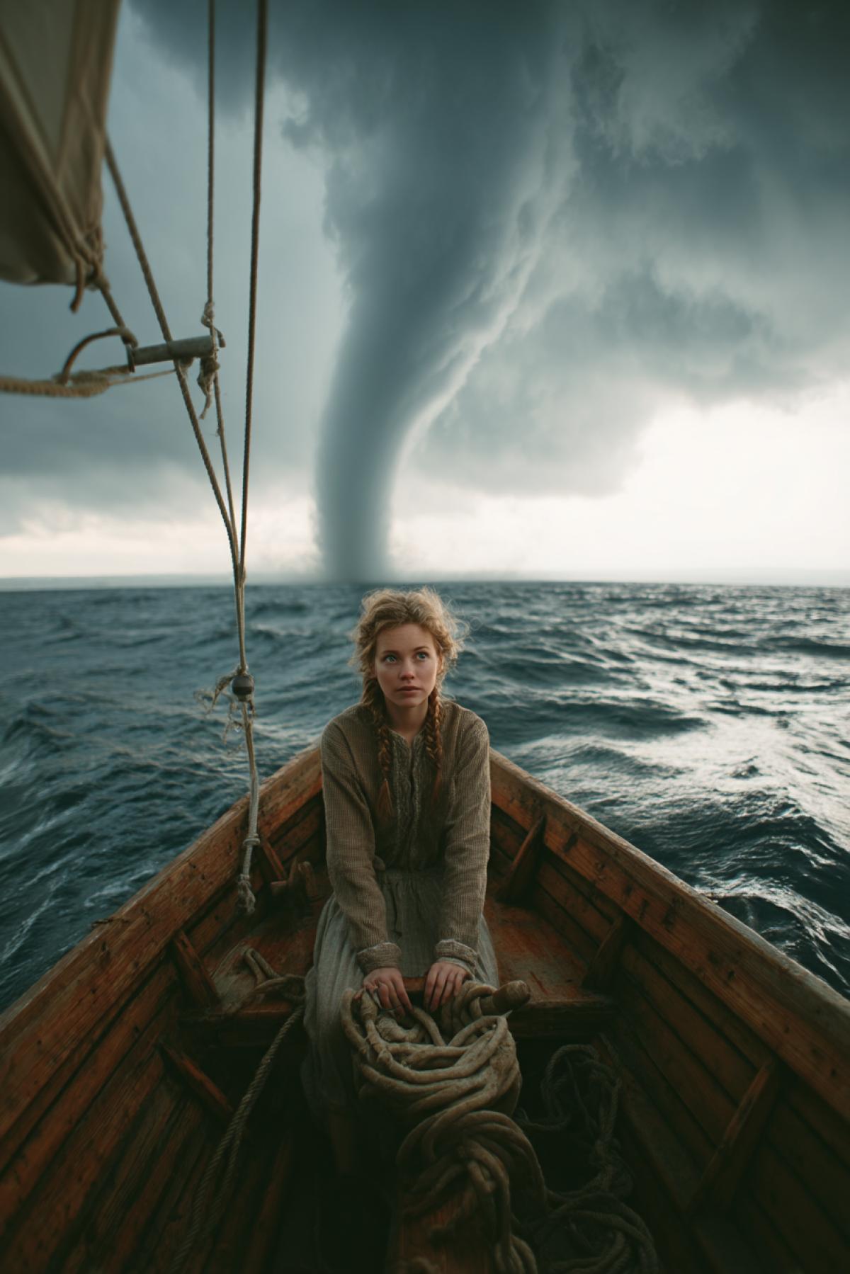 National Geographic style photo: A young woman stands alone on a small sailboat in the middle of the ocean. In the distance, a towering waterspout tornado forms on the horizon. She looks directly at the camera with a mix of calm and fear. Realistic lighting, natural colors, ultra-high detail.