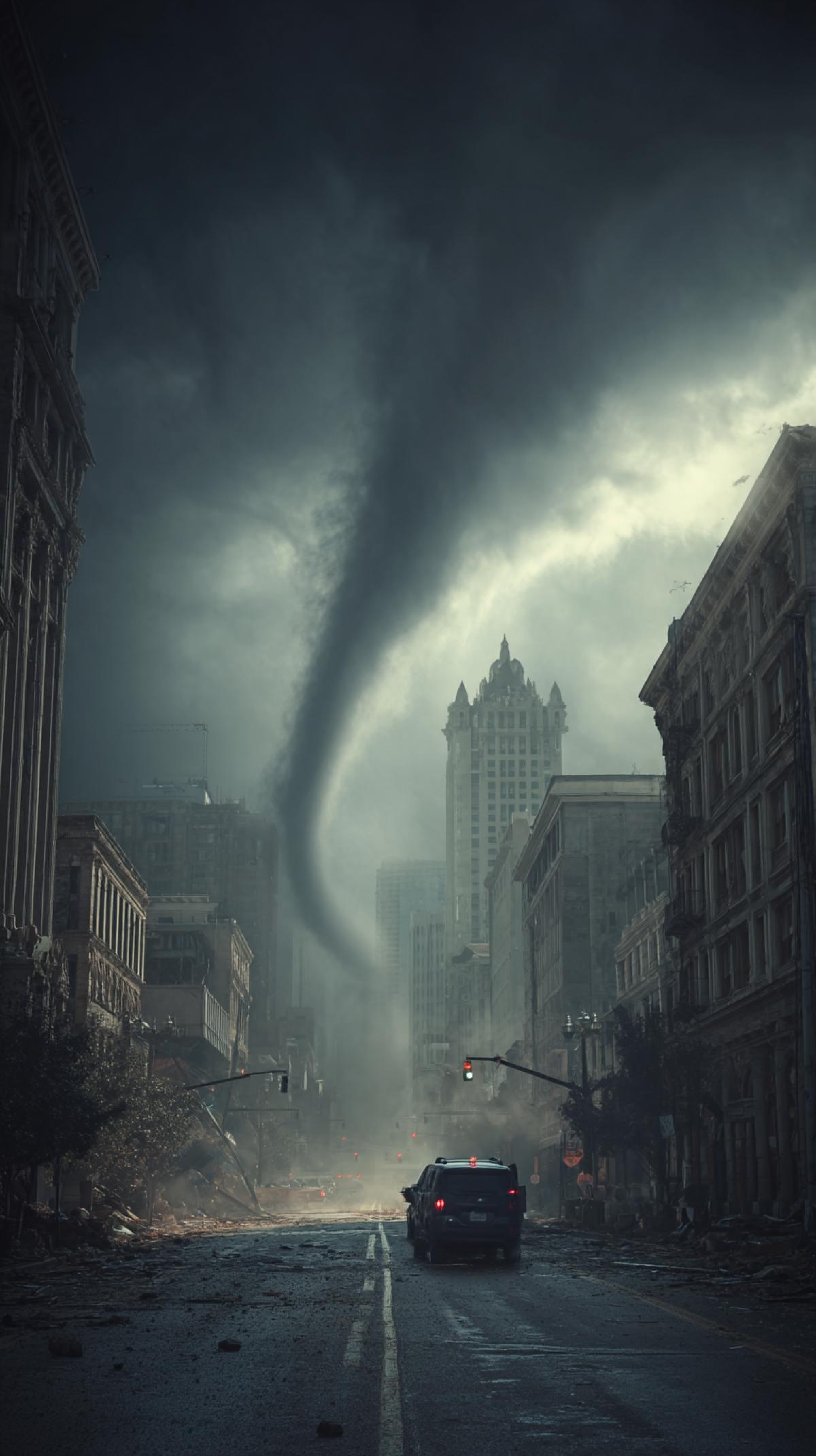 Hurricane tornado on the street of the city