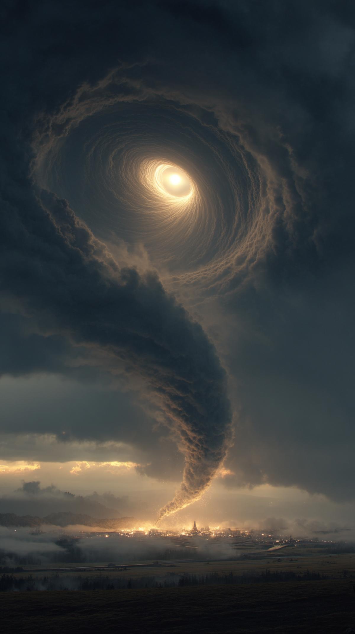 a spiral tornado in the shape of an eye, above the field. We see an eye in the center of a tornado, an over-detailed volumetric fog, spectacular cinematic lighting, and sci-fi concept art.
