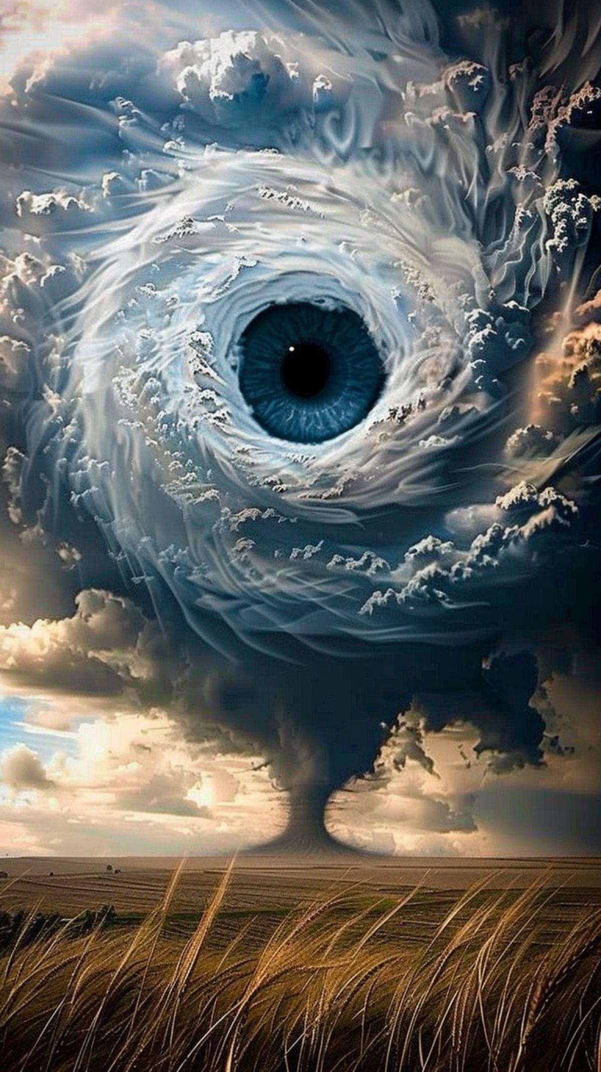 a spiral tornado in the shape of an eye, above the field. We see an eye in the center of a tornado, an over-detailed volumetric fog, spectacular cinematic lighting, and sci-fi concept art.