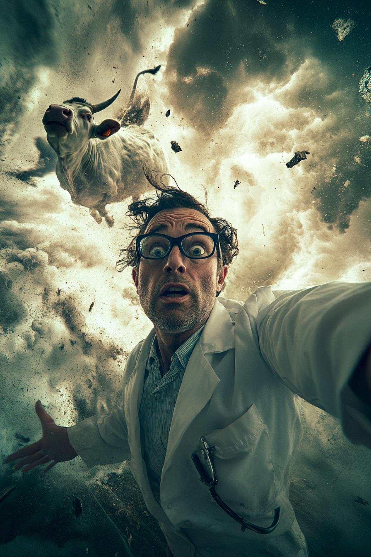 A mad scientist takes a selfie with a wide-angle lens against the backdrop of a cow lifted by a powerful whirlwind, a terrifying tornado.
