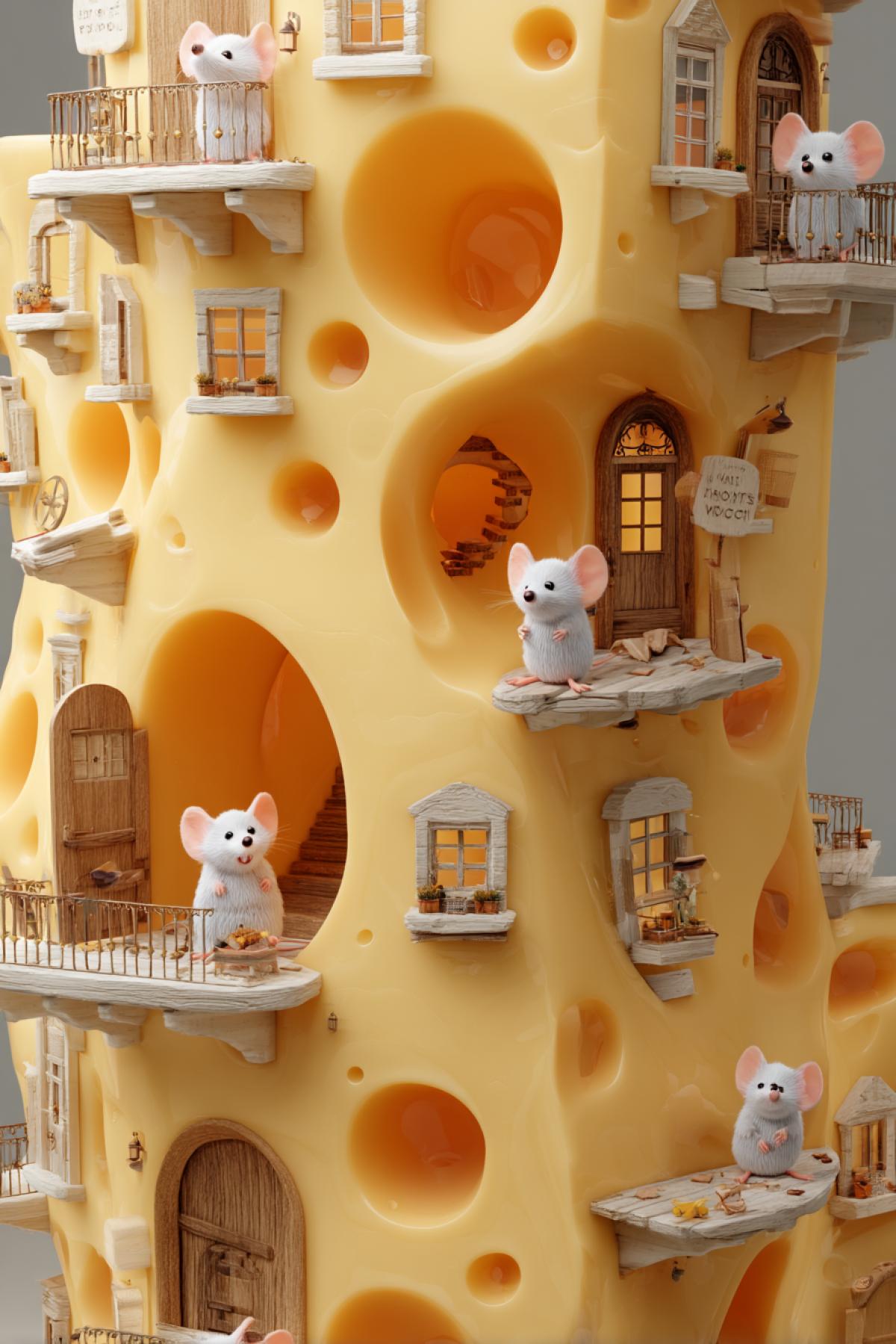 Plenty of jolly mice happy mice faces inhabiting big piece of swiss cheese designed as 4kinium building with doors windows and balconies 3d Pixar illustration