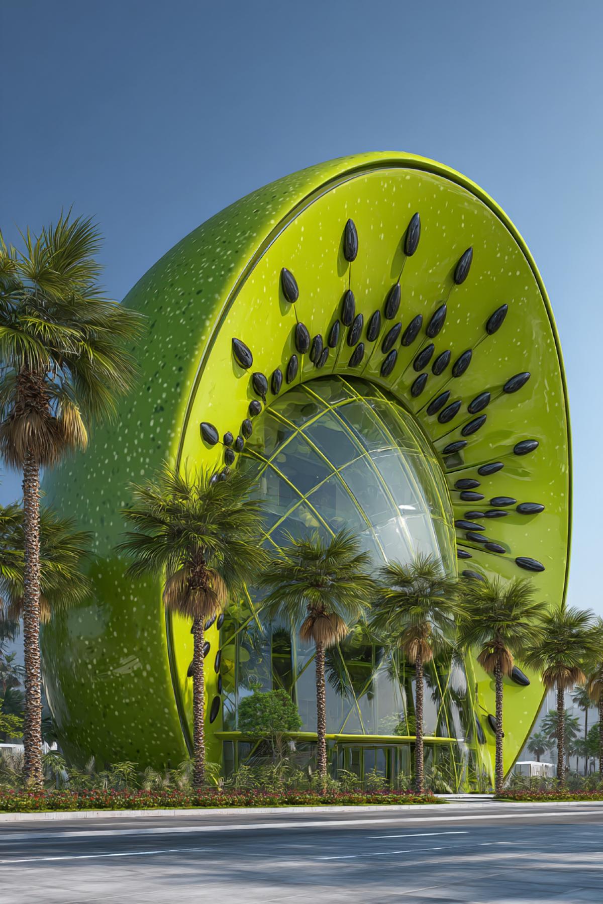 modern hotel building in the shape of a sliced kiwi fruit, vibrant green facade with radiating dark seeds as window accents, glass dome center with realistic fruit texture, surrounded by tropical palm trees, sunny coastal setting