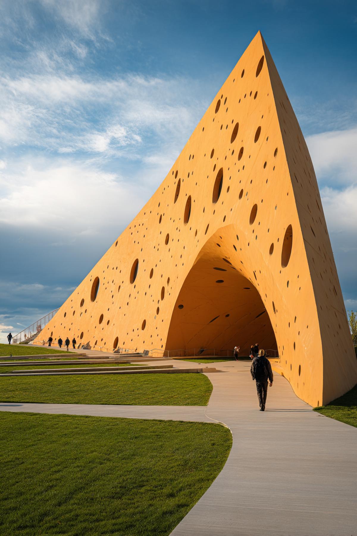 futuristic cultural center shaped like a massive wedge of cheese, triangular structure with realistic holes and ochre tones, smooth concrete walkways, landscaped green surroundings, visitors walking around, partly cloudy sky