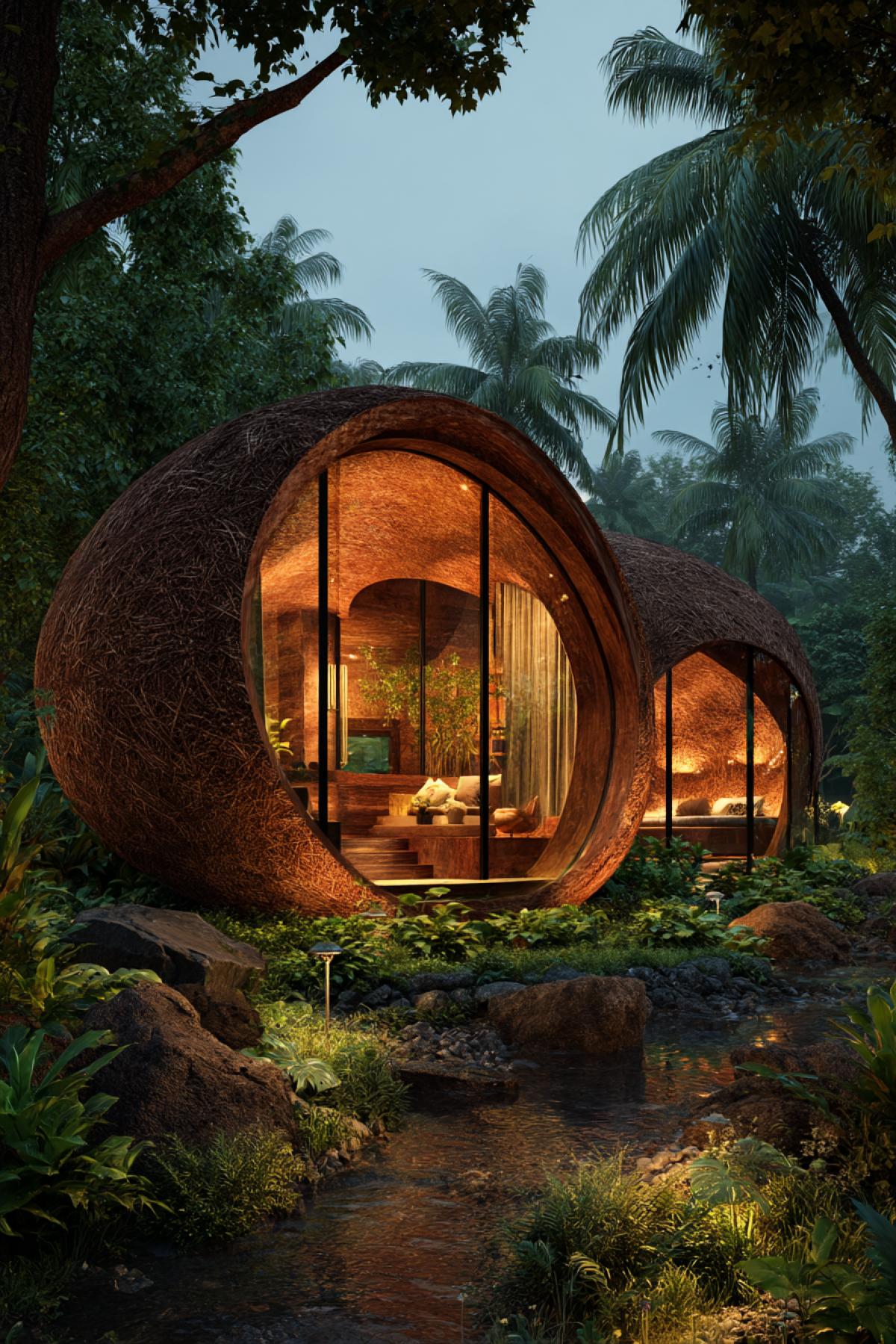 luxurious spa and wellness retreat built in the form of a big halved coconut, outer shell textured like fibrous husk, interior glowing warmly through large curved windows, set in a serene jungle clearing, evening light