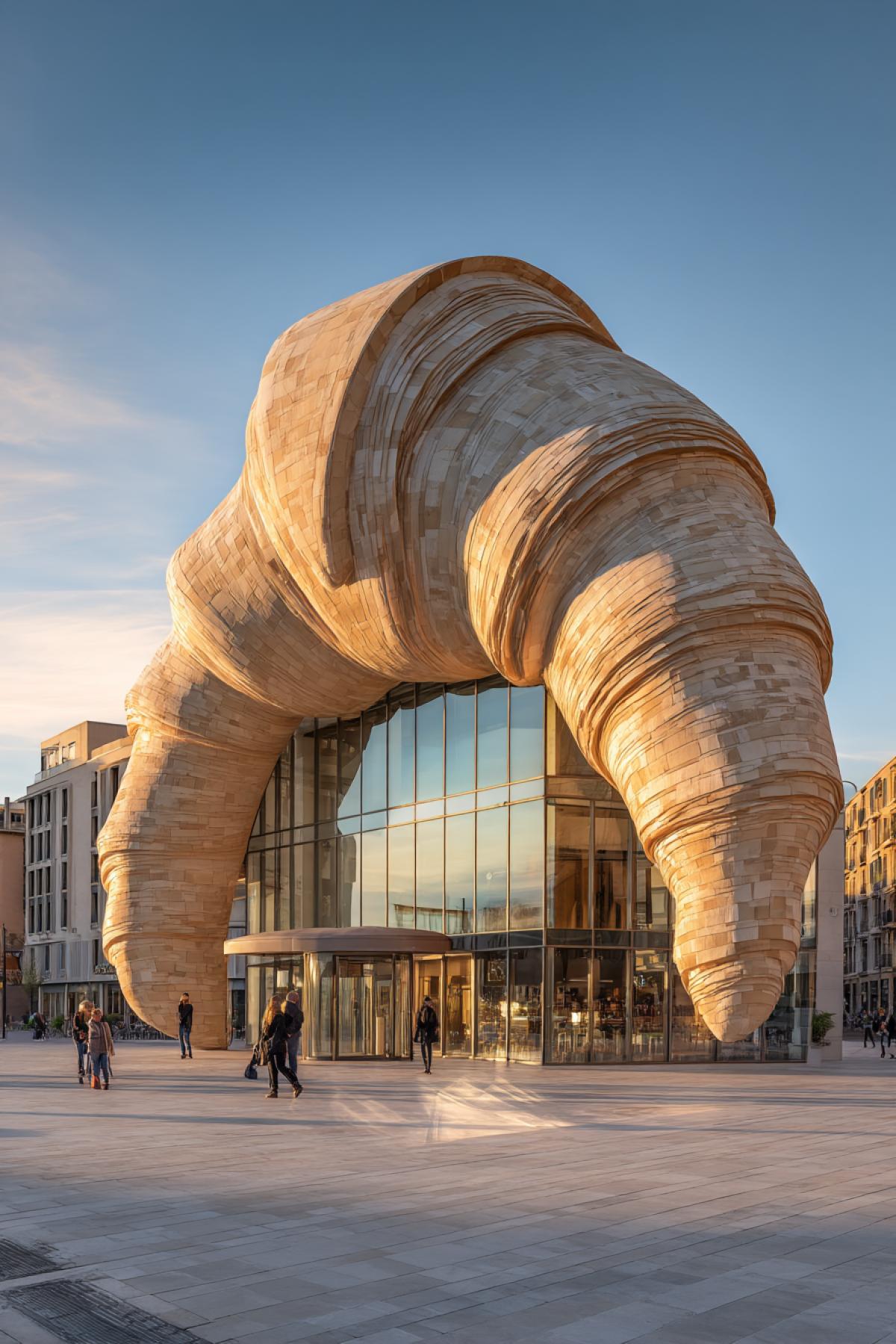 realistic architectural building shaped like a big croissant, golden flaky crust with windows subtly integrated into the folds, nestled in a modern European city plaza, morning light casting soft shadows, realistic textures, pedestrians nearby admiring the structure