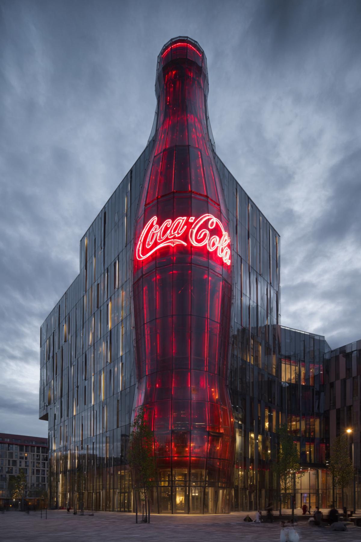 A large modern building in the form of a Coca-Cola glass bottle, fully functional, the facade is made of tinted glass with a relief texture under the glass of a bottle, internal backlight with red-white neons, around-urban area, people are photographed, evening sky, soft light is reflected in the glass