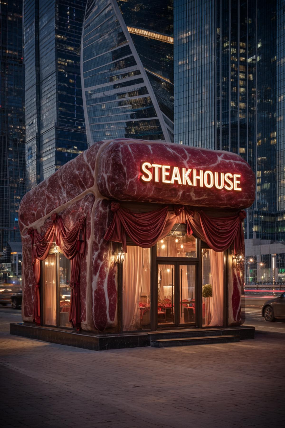 delicious ribeye steak designed as one-storey restaurant \"STEAKHOUSE\" in shape of rubber steak flat roof imitating crispy steak with glass door entrance and windows curtains seen inside evening illumination of big city skyscrapers around realistic photo architecture photography high resolution high contrast