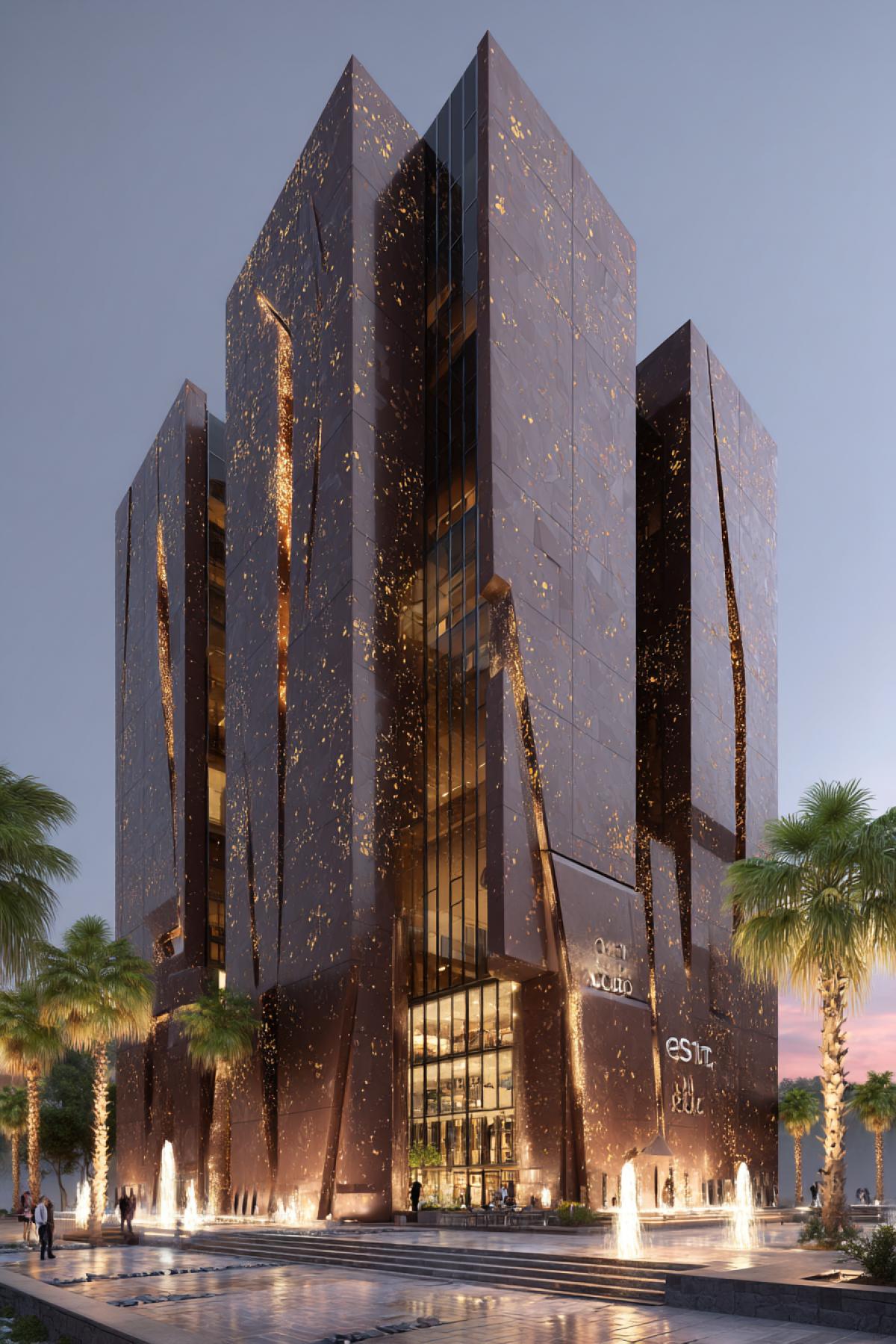 luxury building shaped like a big chocolate bar, with clearly defined rectangular segments, deep brown glossy surfaces, golden foil details peeling at the corners, set in an opulent plaza with palm trees and fountains, warm sunset lighting, architectural concept art