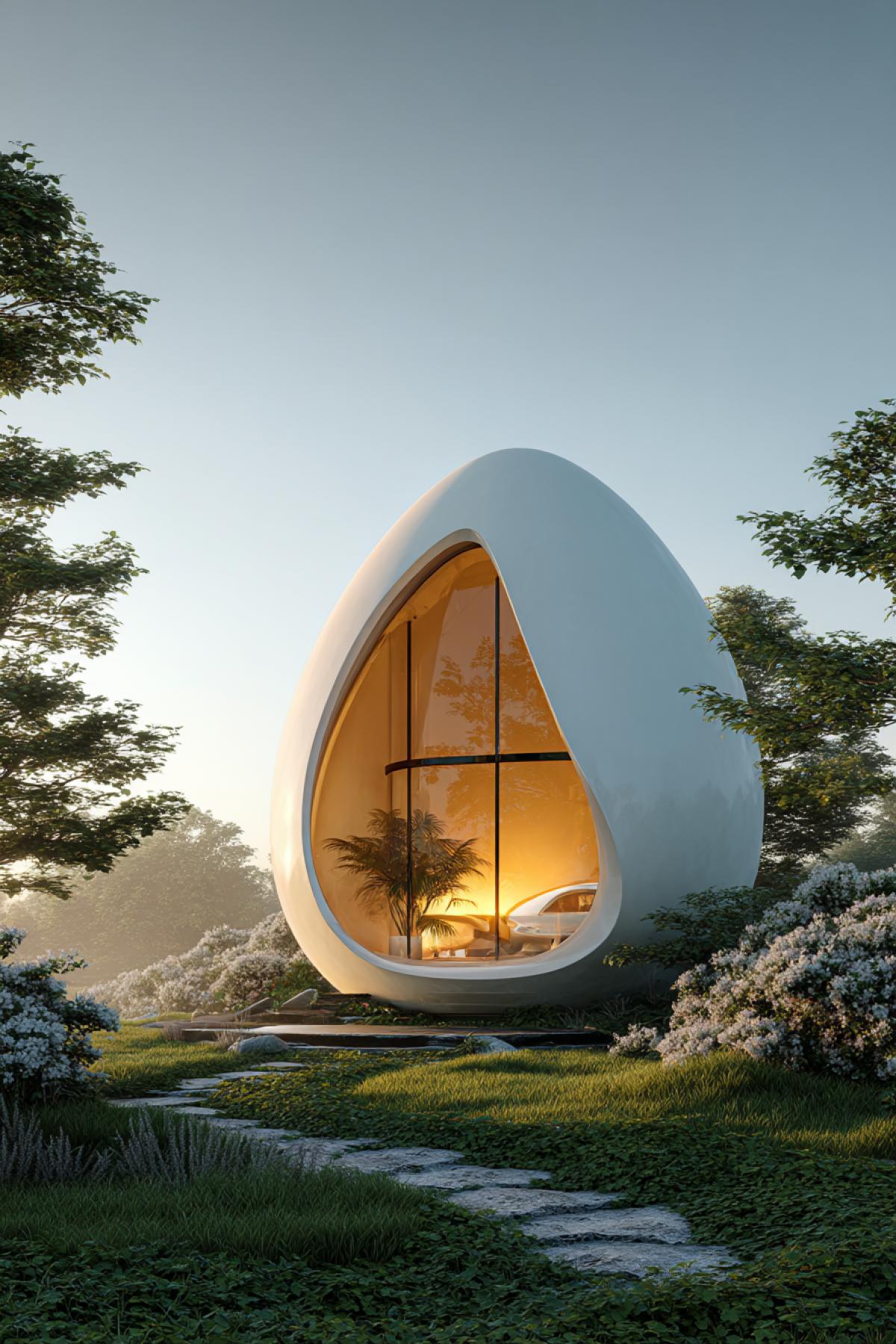futuristic house shaped like a big egg, smooth white shell with a glowing golden yolk in the center, surrounded by lush greenery, soft morning light illuminating the scene, modern glass walls and organic design, surreal yet elegant, high realism