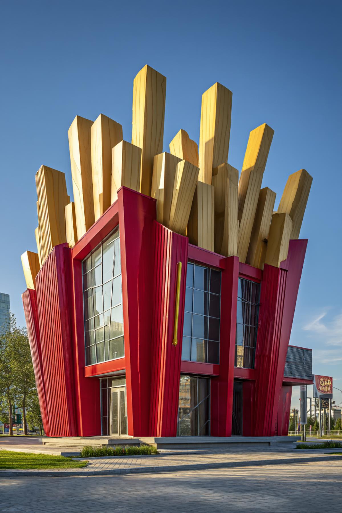 modern building shaped like a red carton of french fries, golden crispy fries sticking out as vertical structural elements, glass windows between fries, realistic textures, sunny outdoor setting, humorous yet high-quality architectural concept